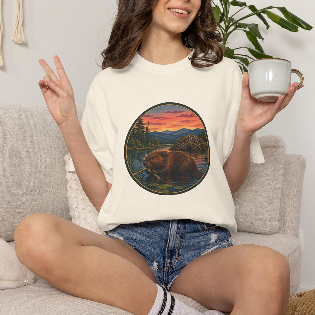 Beaver Sunset T-Shirt — Mountain Lake Wildlife Graphic Tee