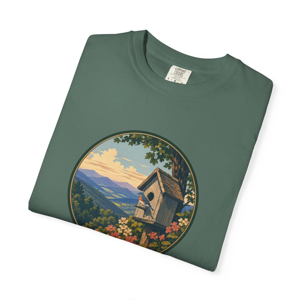 Scenic Birdhouse Tee — Mountain Sunrise Nature T-Shirt