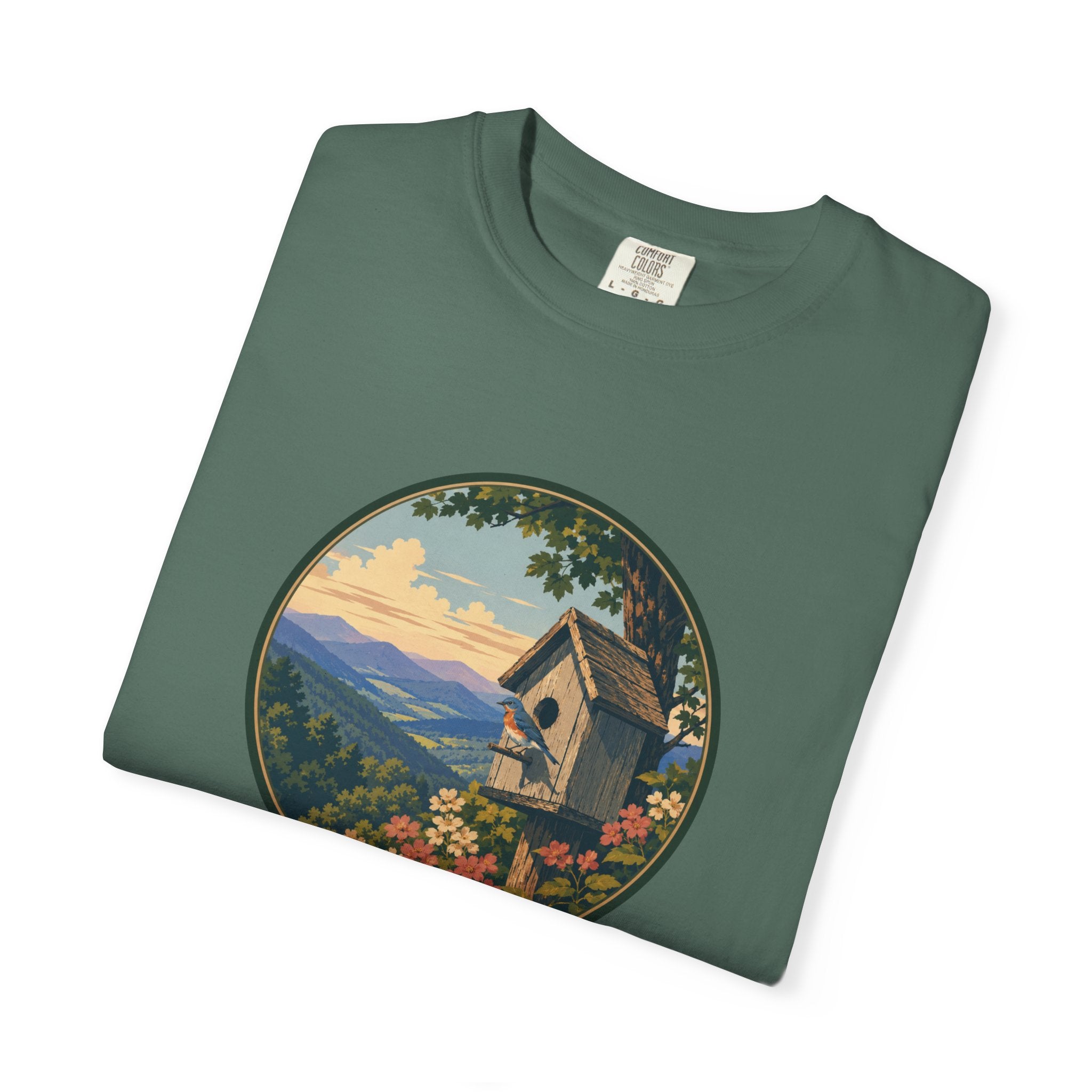 Scenic Birdhouse Tee — Mountain Sunrise Nature T-Shirt