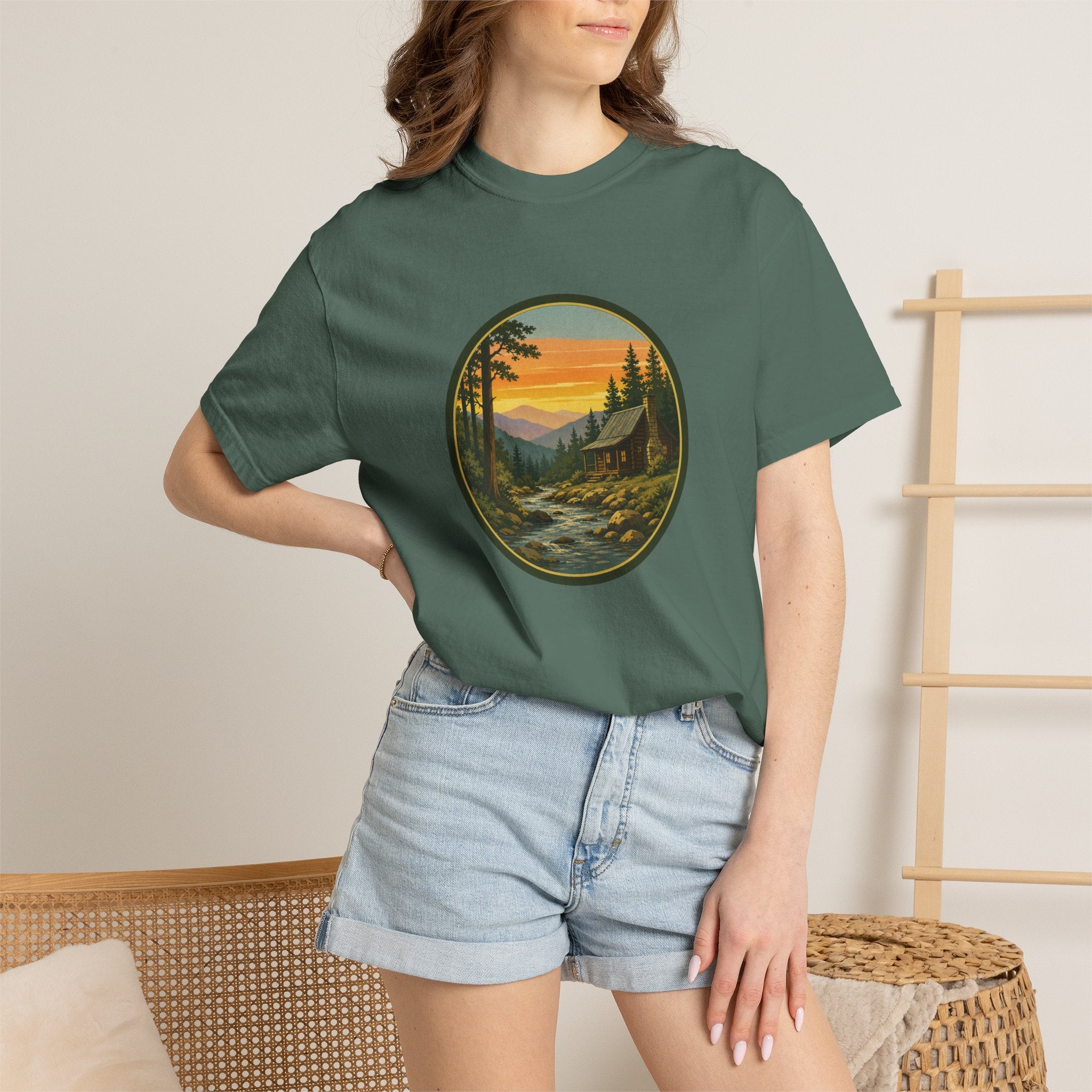 Nature Sunset River T-Shirt — Vintage Mountain Cabin Scenic Tee