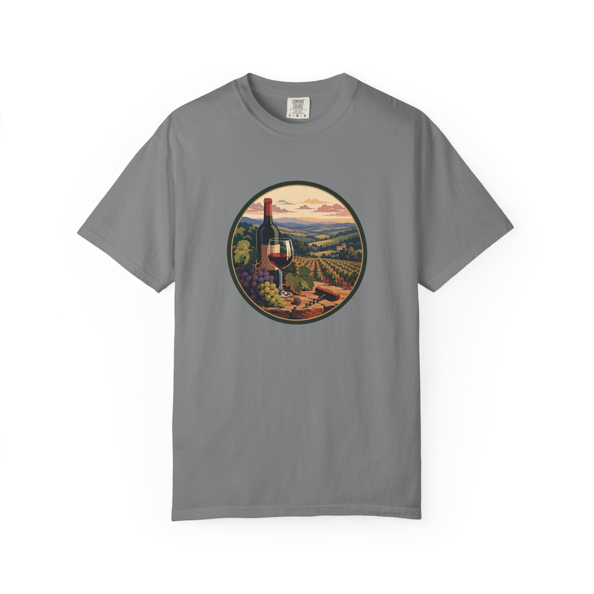Wine Country Scenic T-Shirt – Vineyard Bottle & Sunset Graphic