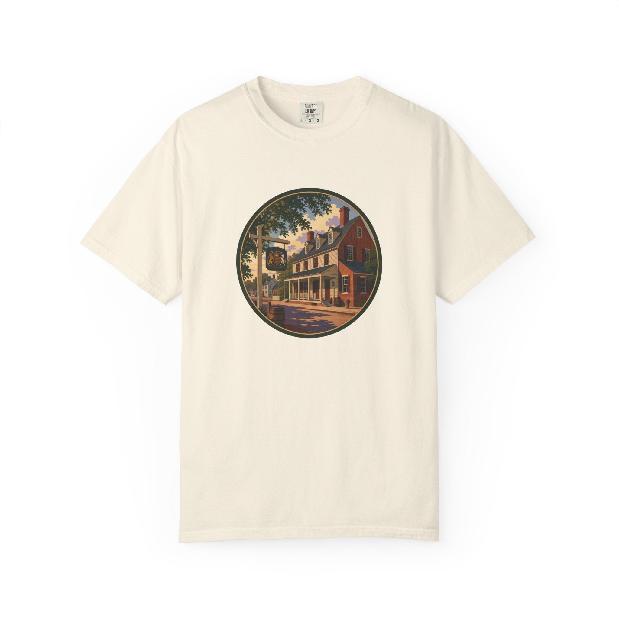 Historic Main Street Tavern T-Shirt — Colonial Village Scene Tee