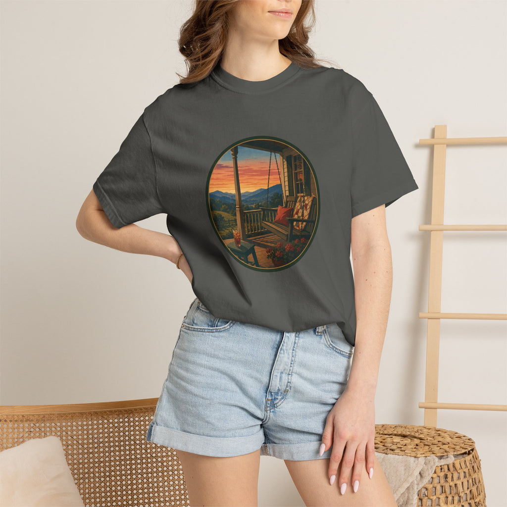 Sunset Porch Circle T-Shirt — Scenic Porch Swing Graphic Tee