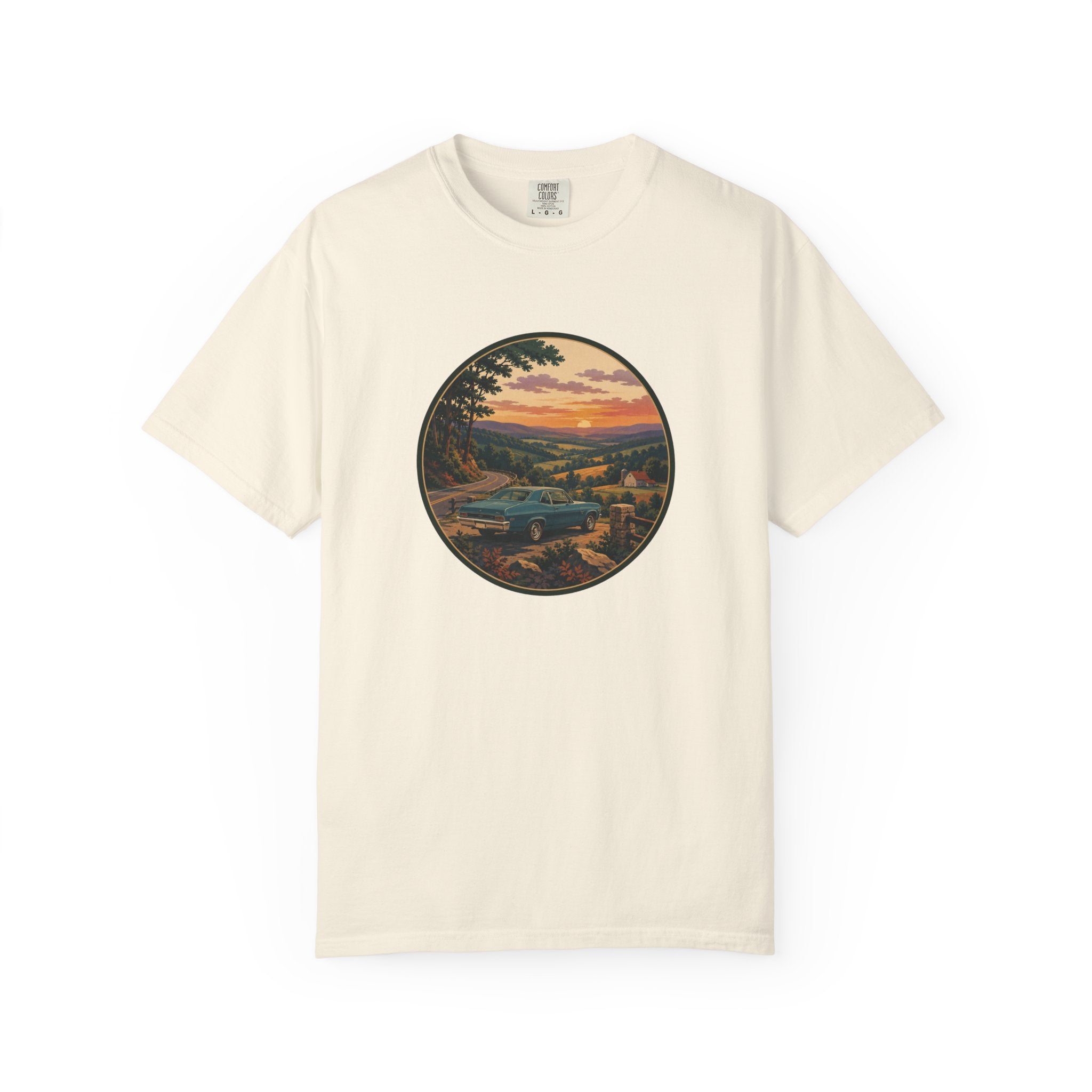 Sunset Valley Classic Car Landscape T-Shirt