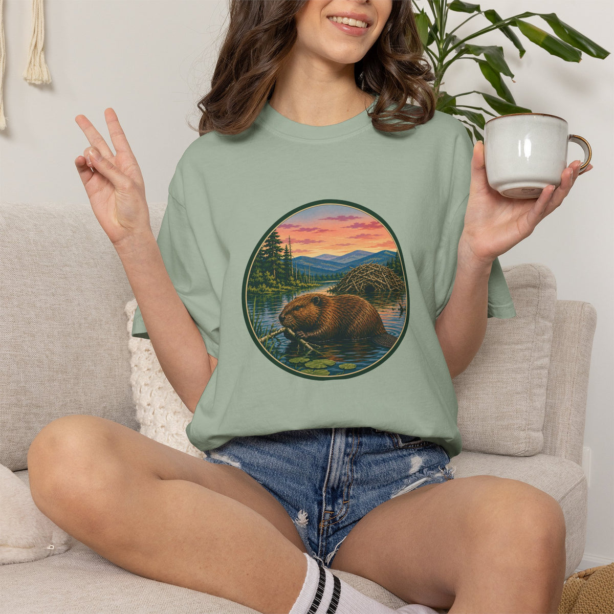 Beaver Sunset T-Shirt — Mountain Lake Wildlife Graphic Tee