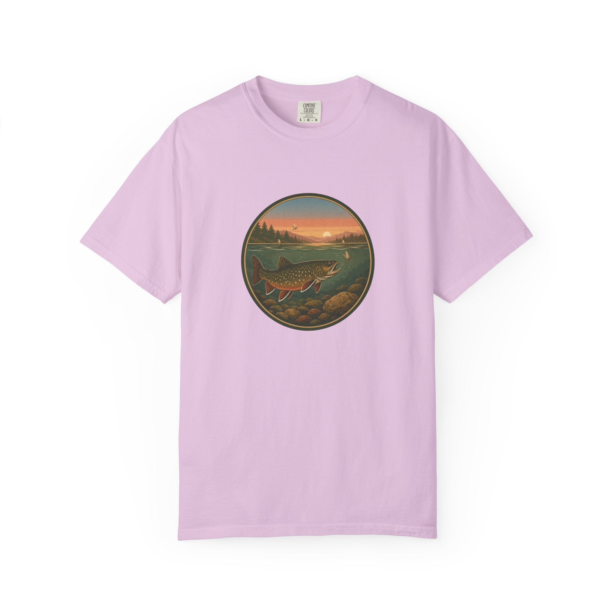 Brook Trout Sunset Fishing T-Shirt — Vintage River Scene Tee