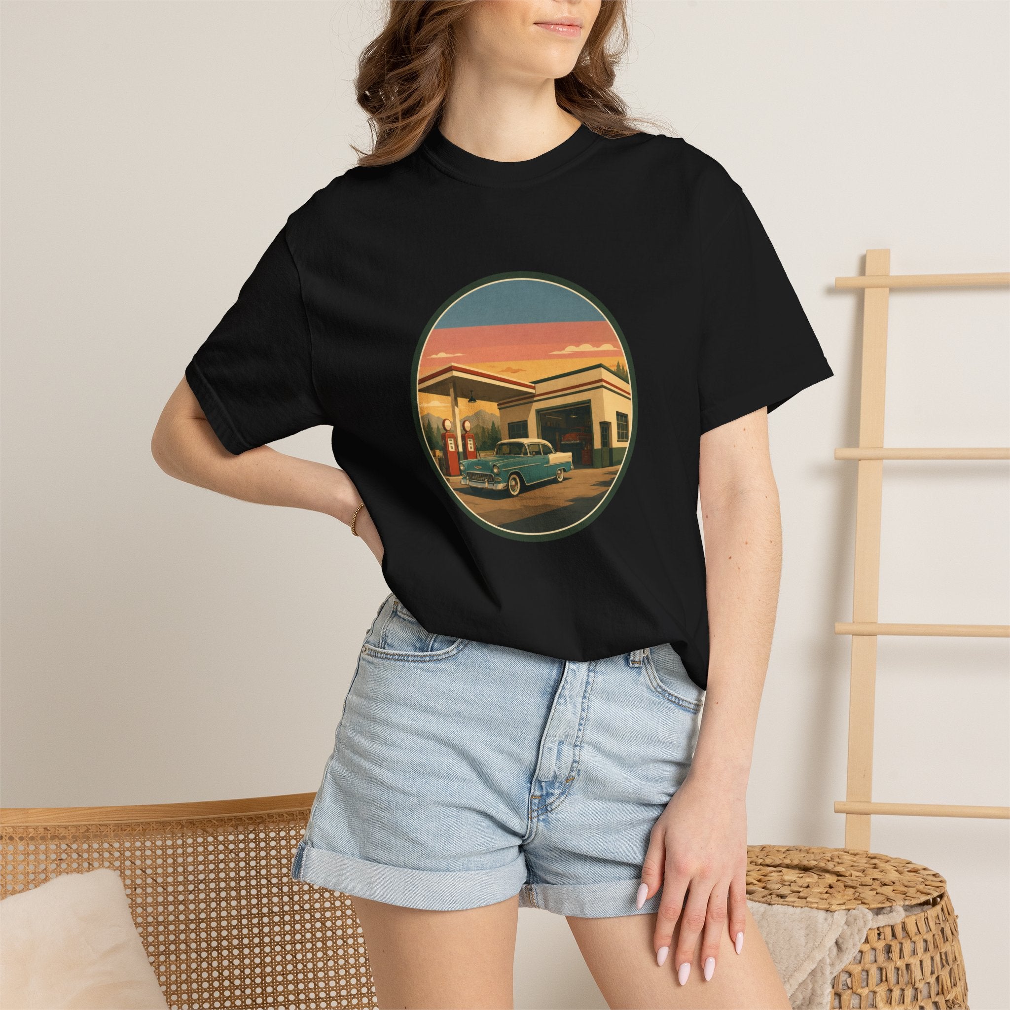Retro Gas Station T-Shirt — Vintage Sunset Roadside Design