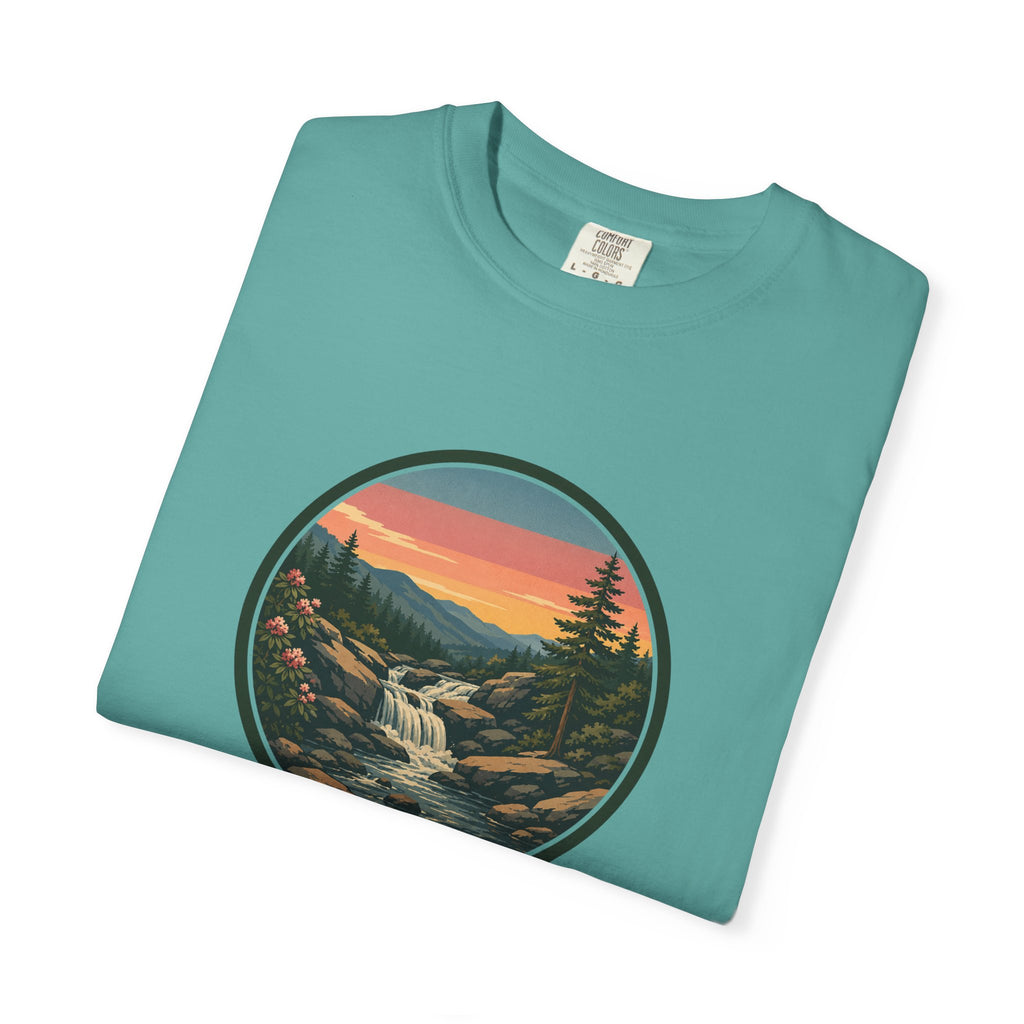 Scenic Waterfall T‑Shirt — Sunset Wilderness Nature Graphic