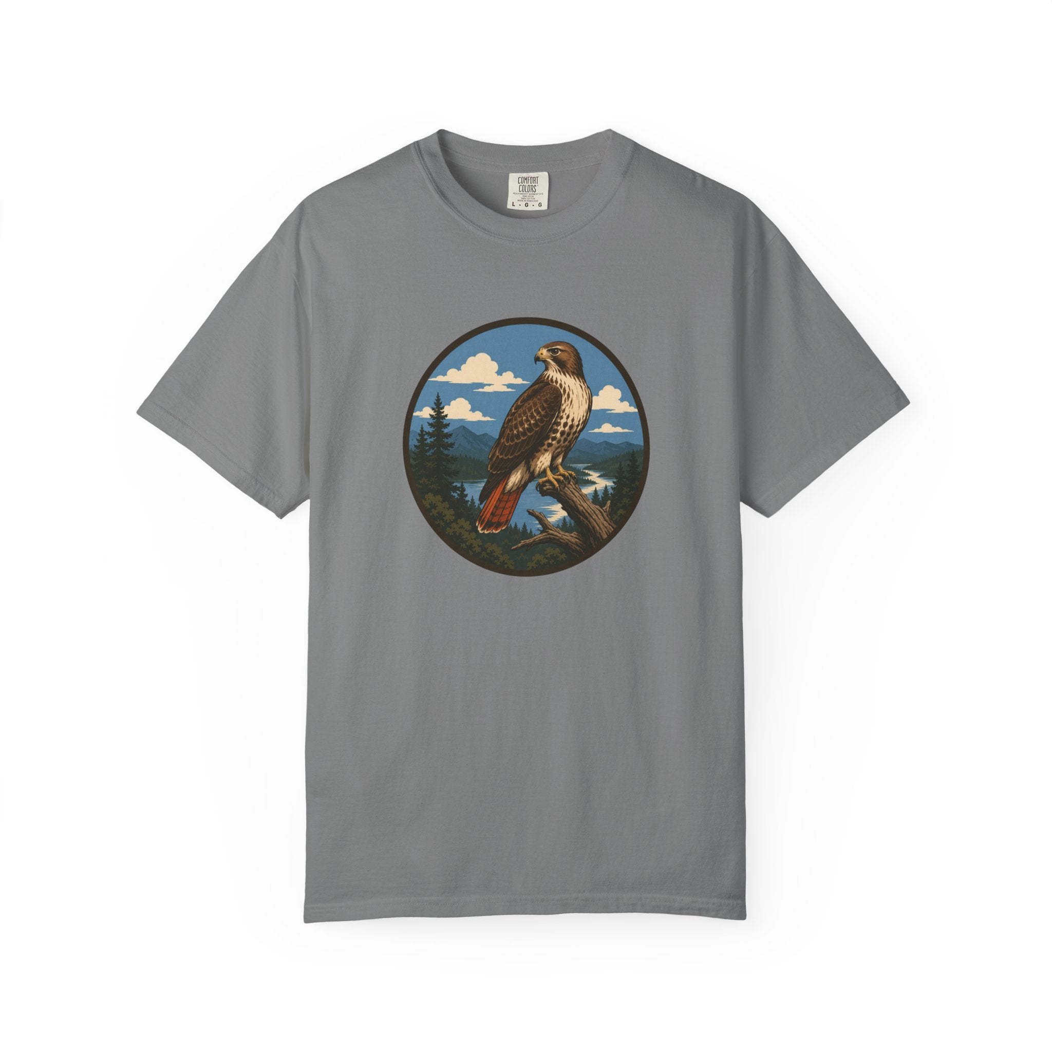 Red-Tail Hawk Mountain Circle T-Shirt — Vintage Hawk Nature Graphic Tee