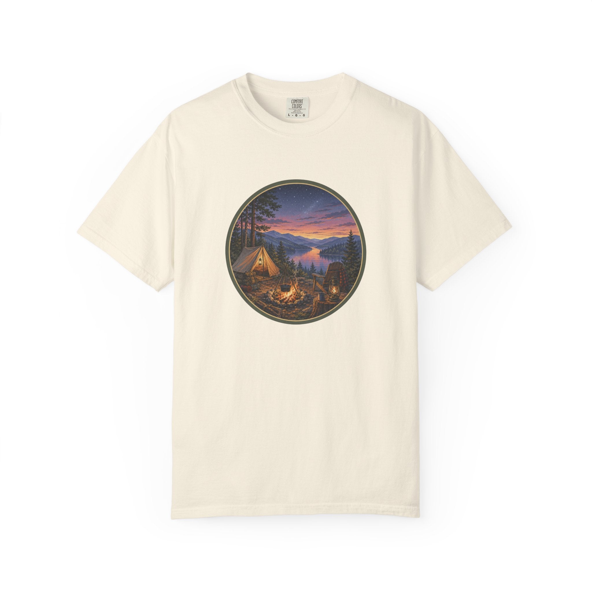 Camping Sunset T-Shirt — Riverside Campfire Night Scene