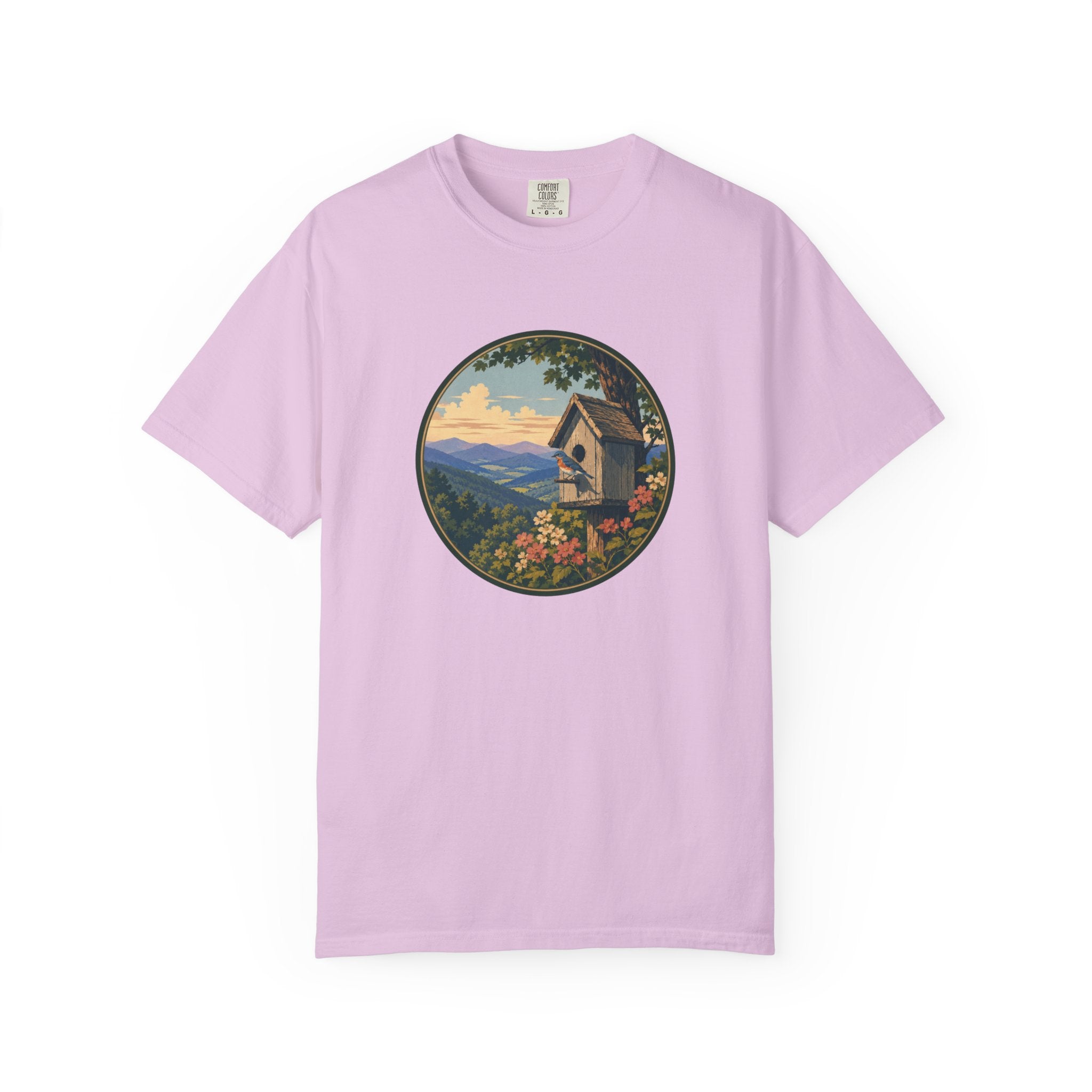 Scenic Birdhouse Tee — Mountain Sunrise Nature T-Shirt