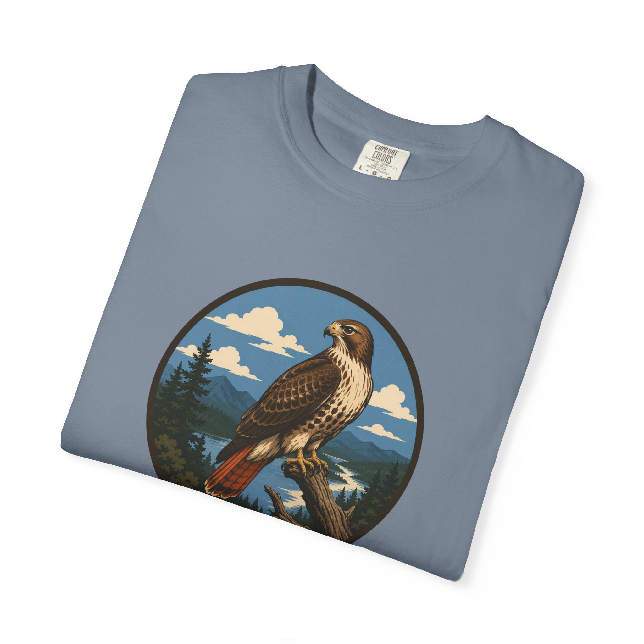 Red-Tail Hawk Mountain Circle T-Shirt — Vintage Hawk Nature Graphic Tee