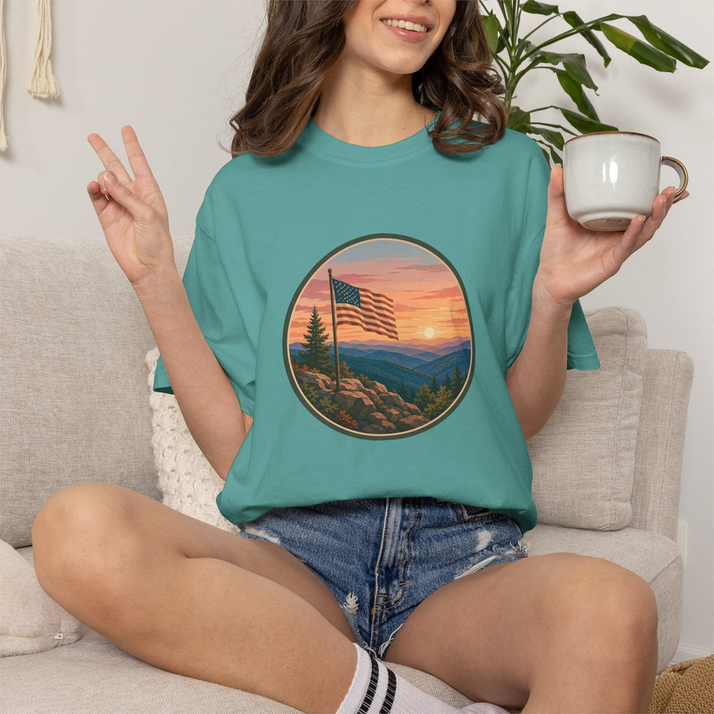 Flag Over Blue Ridge Mountains T-Shirt — Scenic Sunset American Flag Graphic Tee