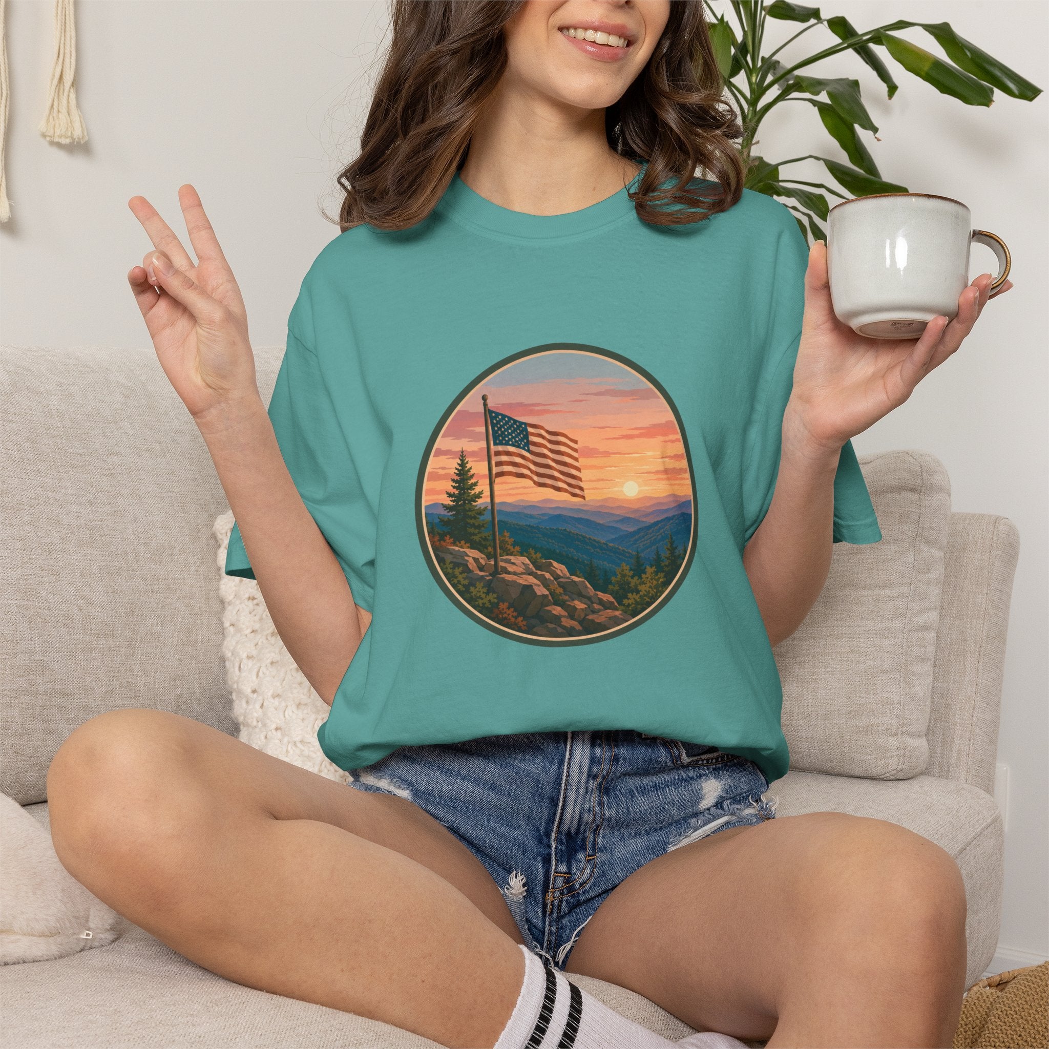 Flag Over Blue Ridge Mountains T-Shirt — Scenic Sunset American Flag Graphic Tee