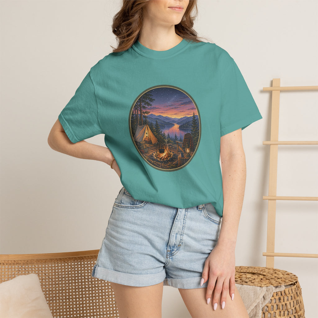 Camping Sunset T-Shirt — Riverside Campfire Night Scene