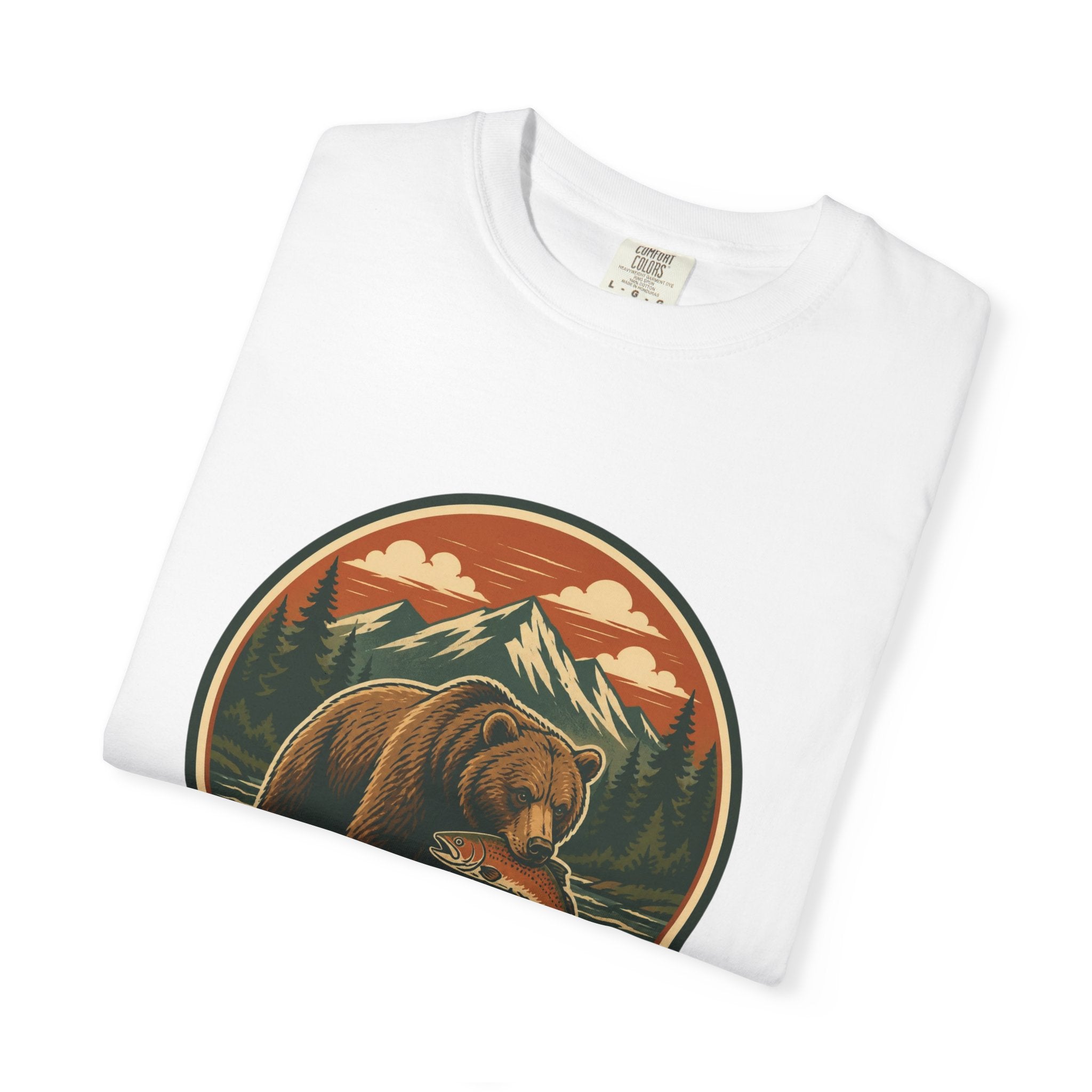 Bear Fishing Mountain T-Shirt — Retro Wilderness Outdoor Graphic Tee