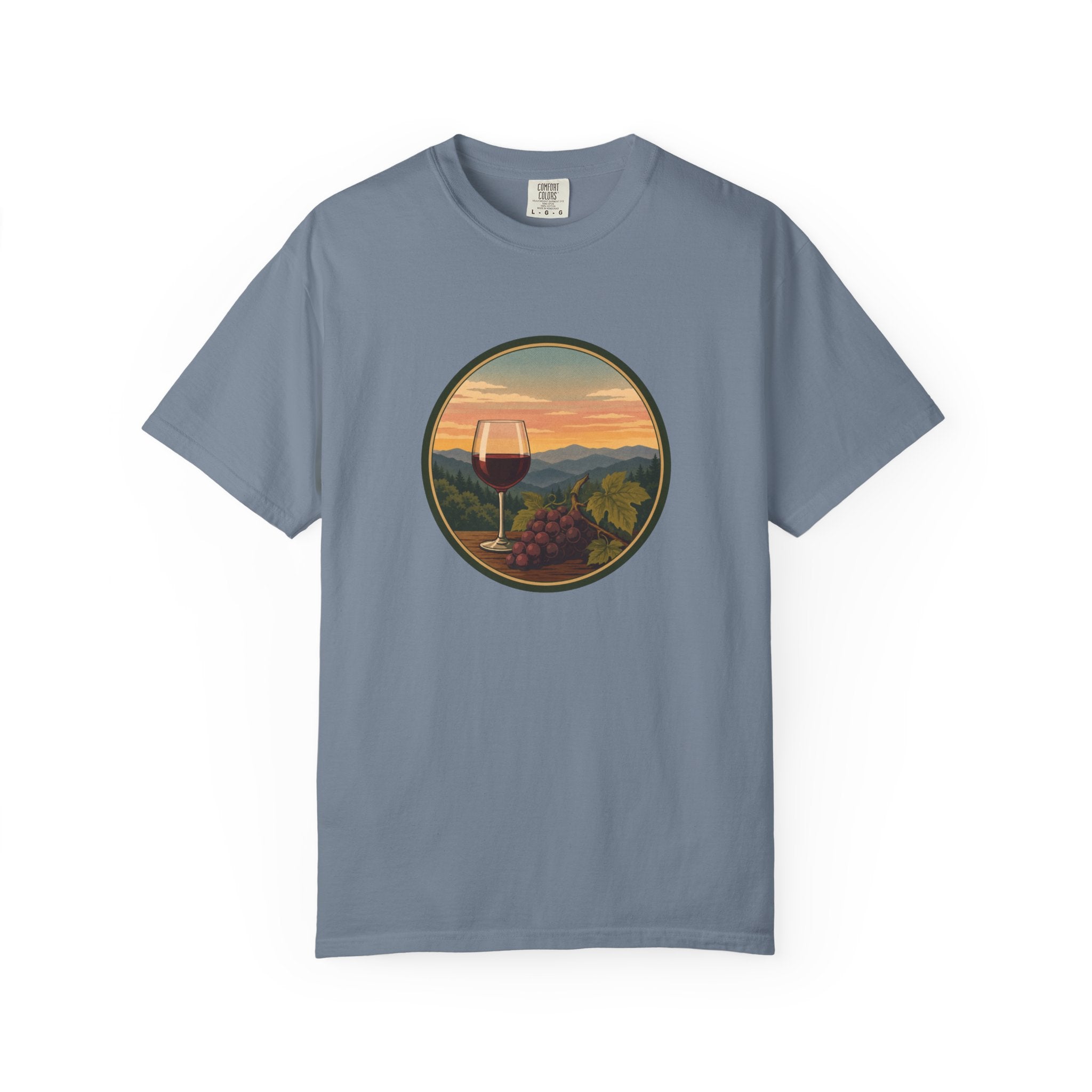 Wine Sunset T-Shirt — Vineyard Glass & Grapes Scenic Tee
