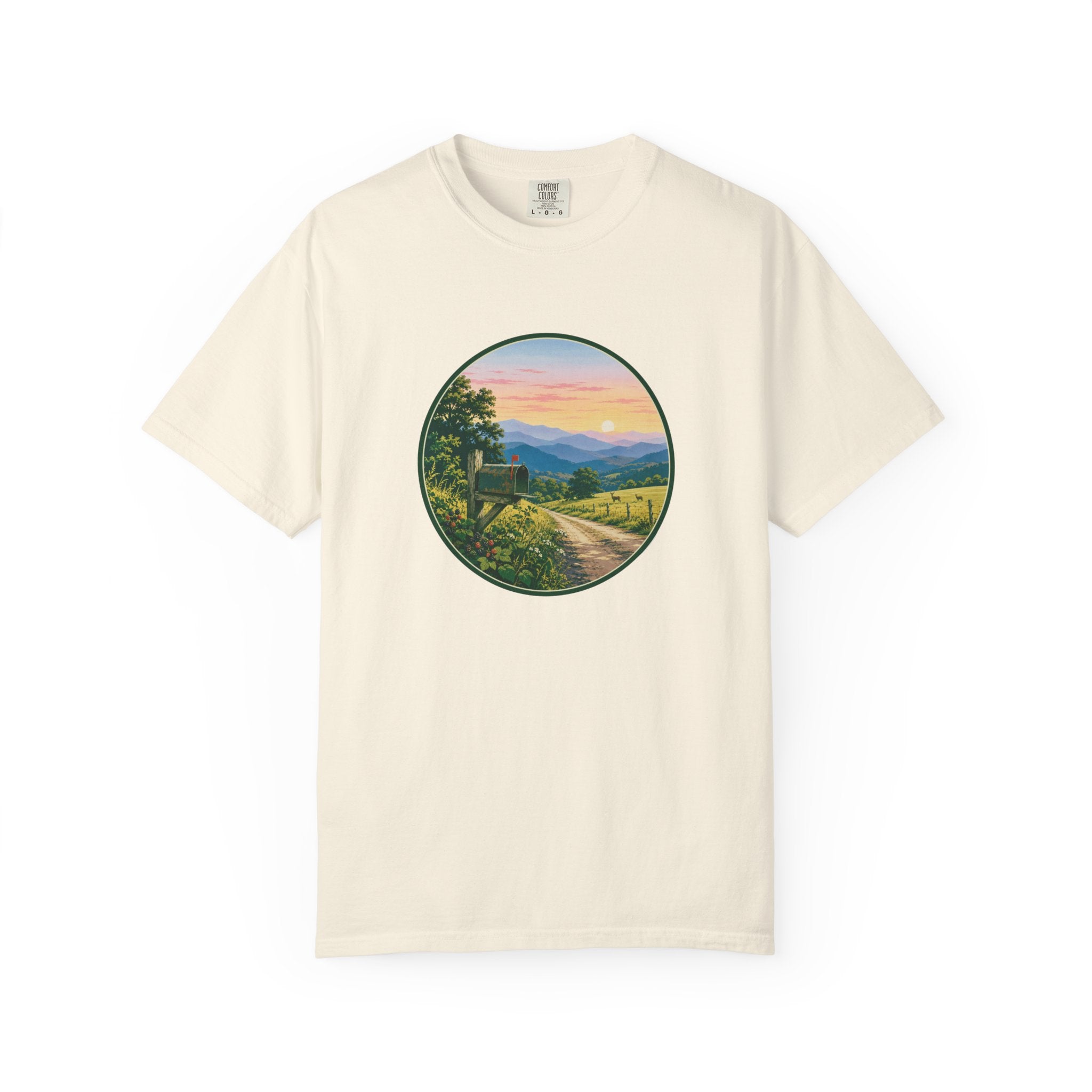 Scenic Backroad Sunset T-Shirt — Vintage Mailbox Circle Landscape Tee