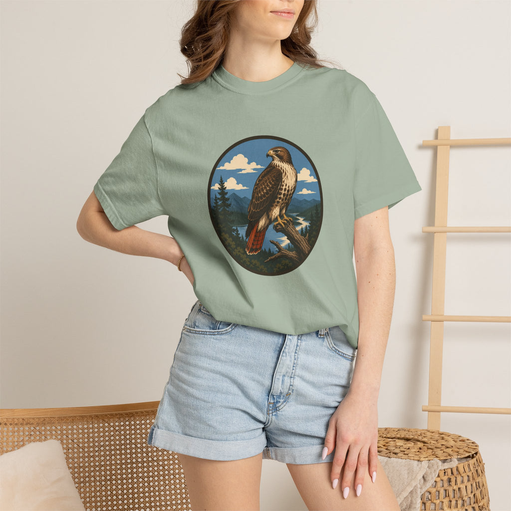 Red-Tail Hawk Mountain Circle T-Shirt — Vintage Hawk Nature Graphic Tee