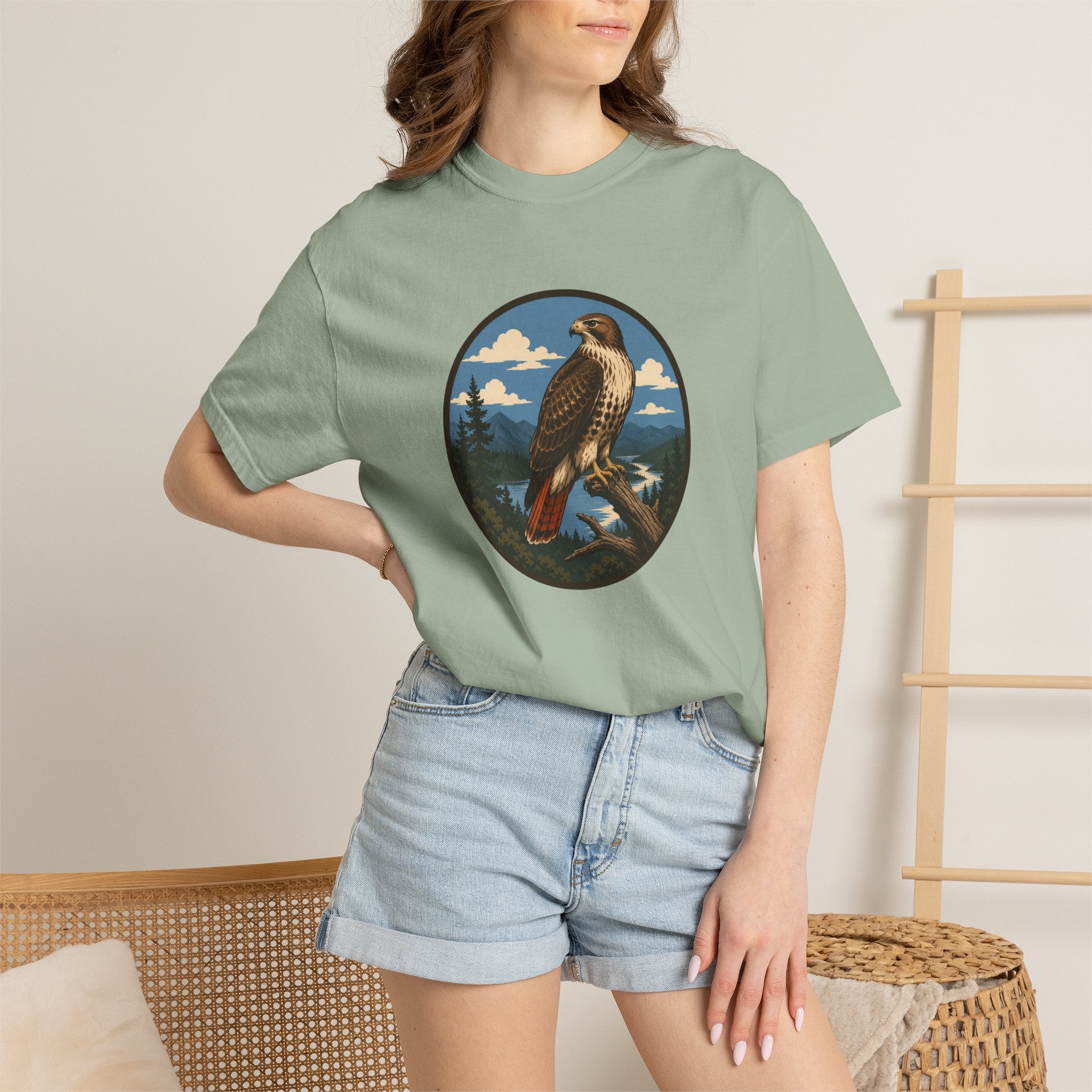Red-Tail Hawk Mountain Circle T-Shirt — Vintage Hawk Nature Graphic Tee