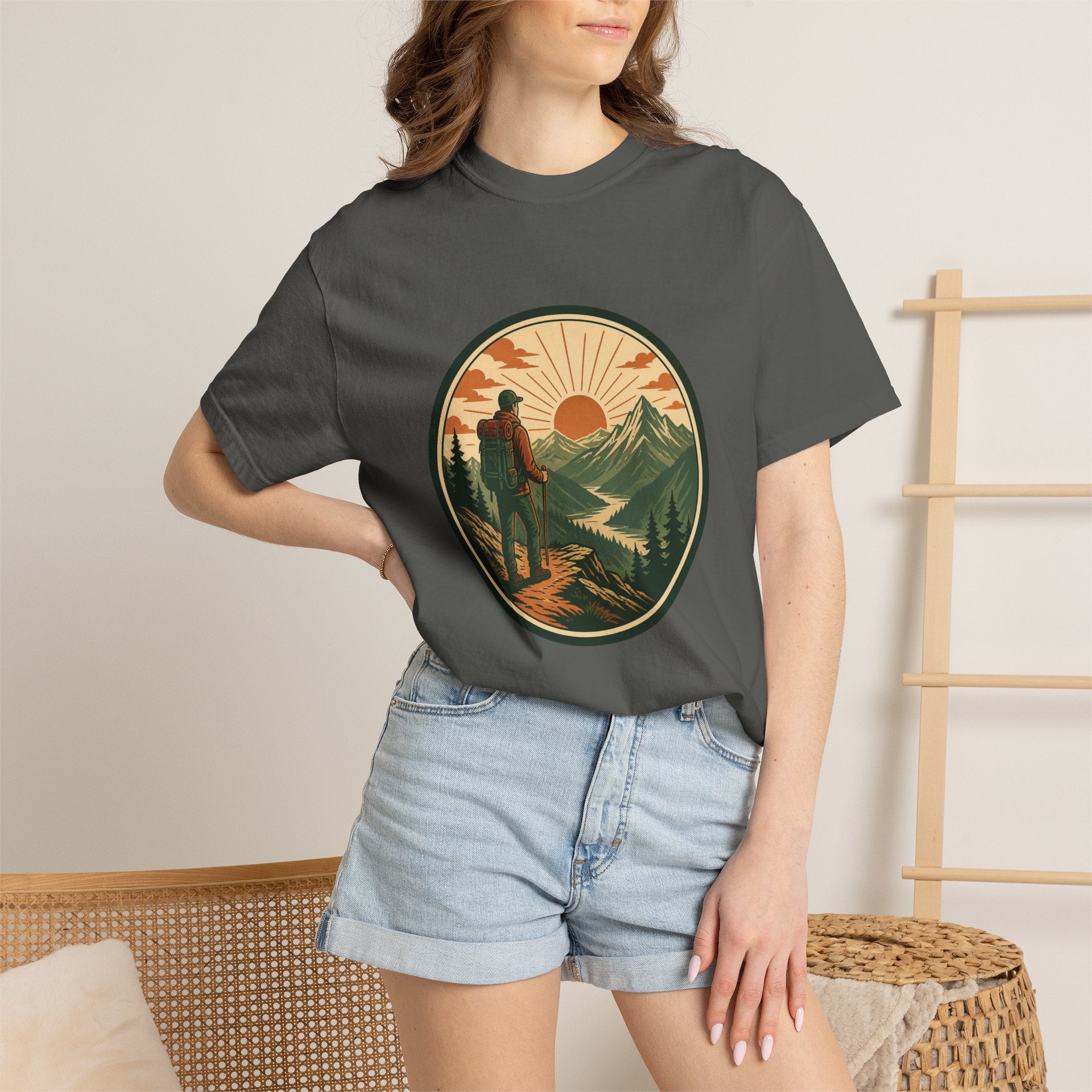 Hiker Sunset Graphic T-Shirt — Mountain Adventure Outdoor Tee