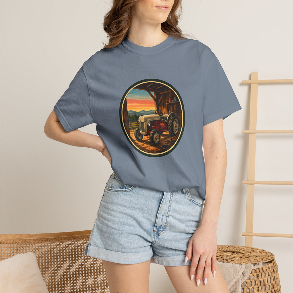 Vintage Tractor Circle T-Shirt — Rustic Farmstead Sunset Tee
