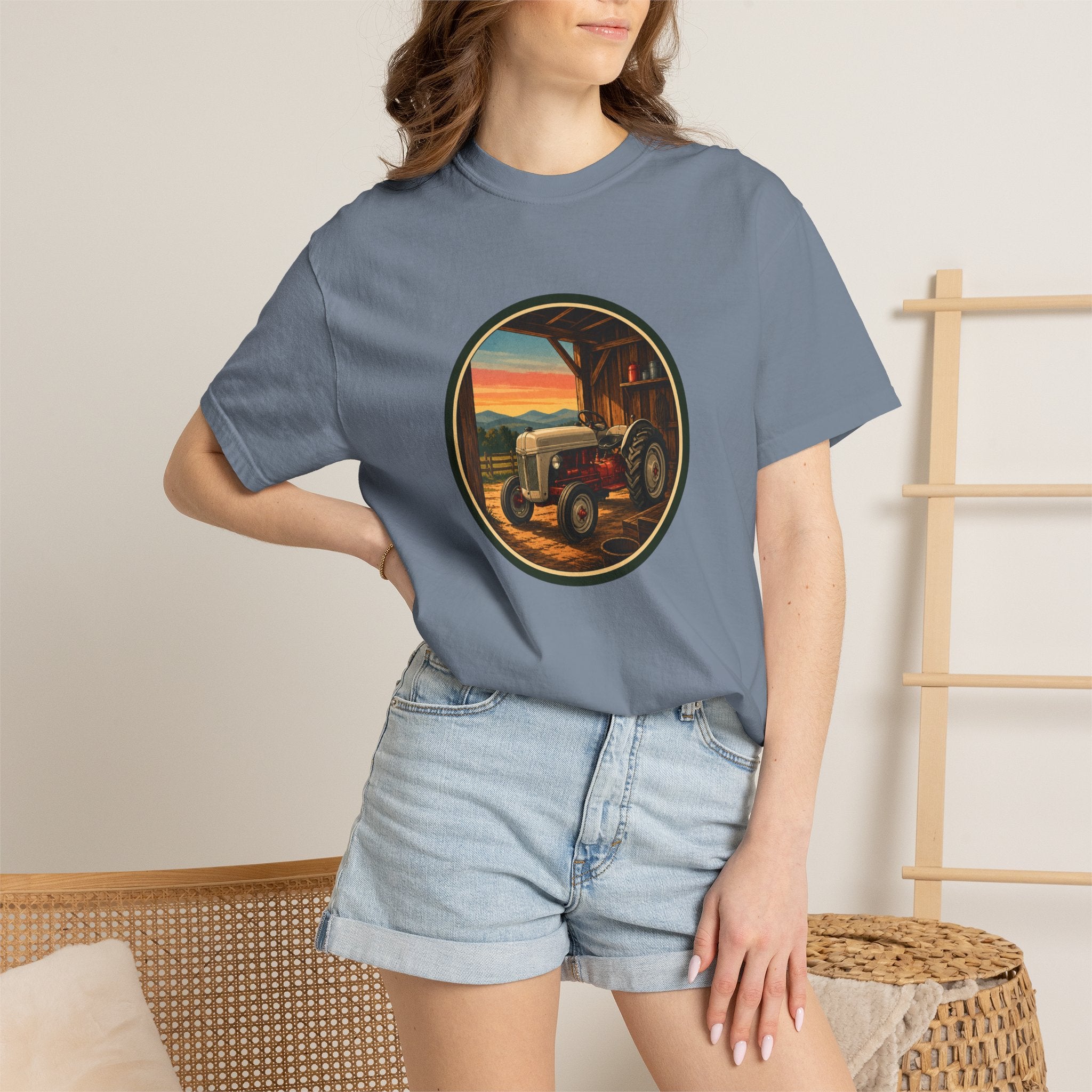 Vintage Tractor Circle T-Shirt — Rustic Farmstead Sunset Tee