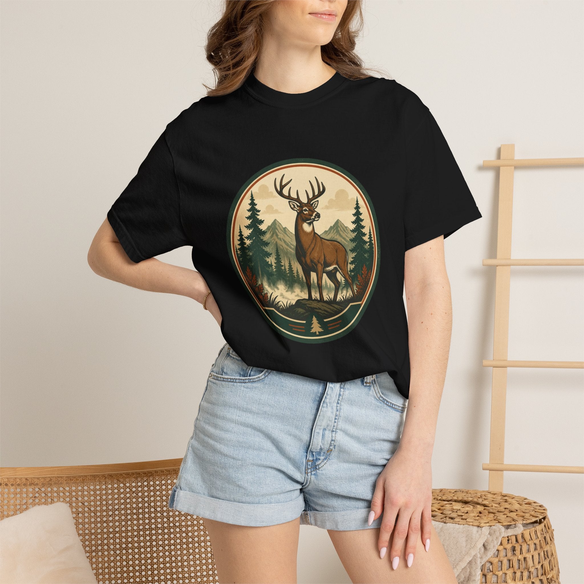 Deer Forest Badge T-Shirt – Vintage Outdoor Wildlife Graphic