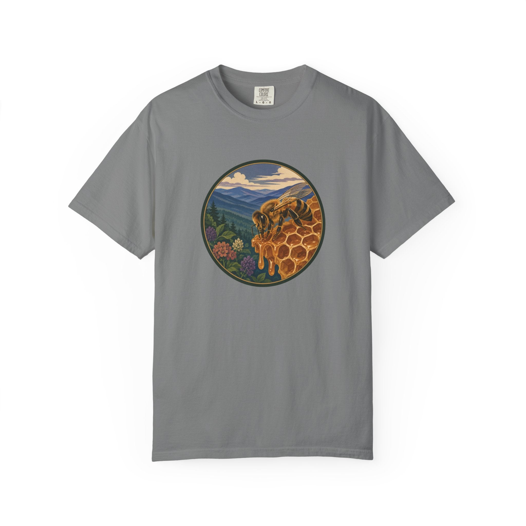 Honey Bee & Mountains Graphic T-Shirt — Honeycomb Nature Illustration