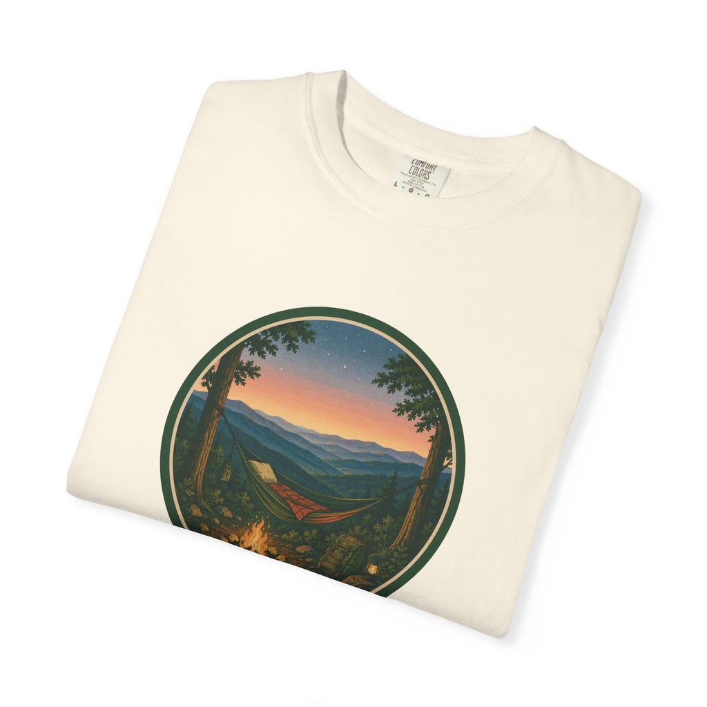 Campfire Mountain Sunset T-Shirt — Scenic Hiking Adventure Tee