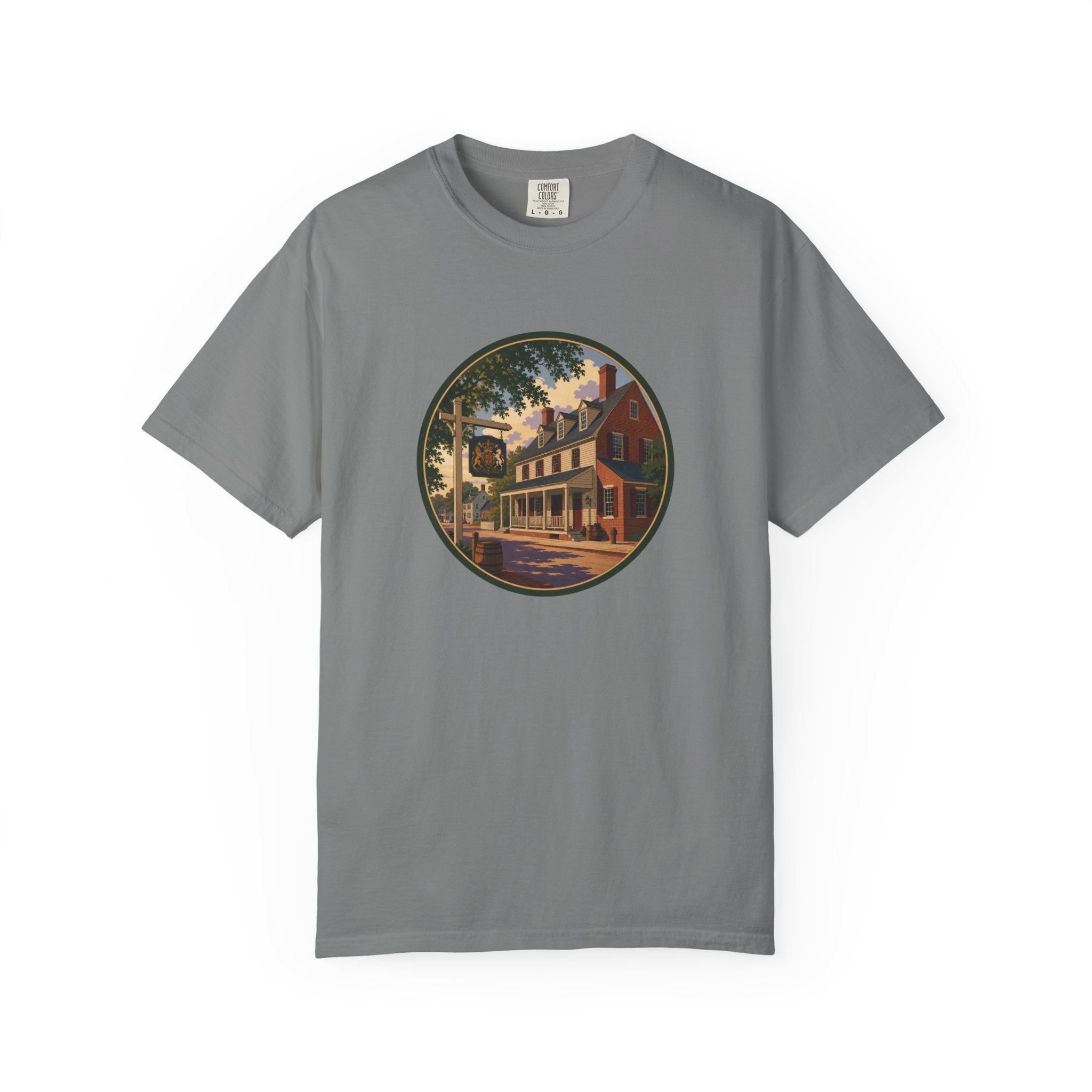 Historic Main Street Tavern T-Shirt — Colonial Village Scene Tee