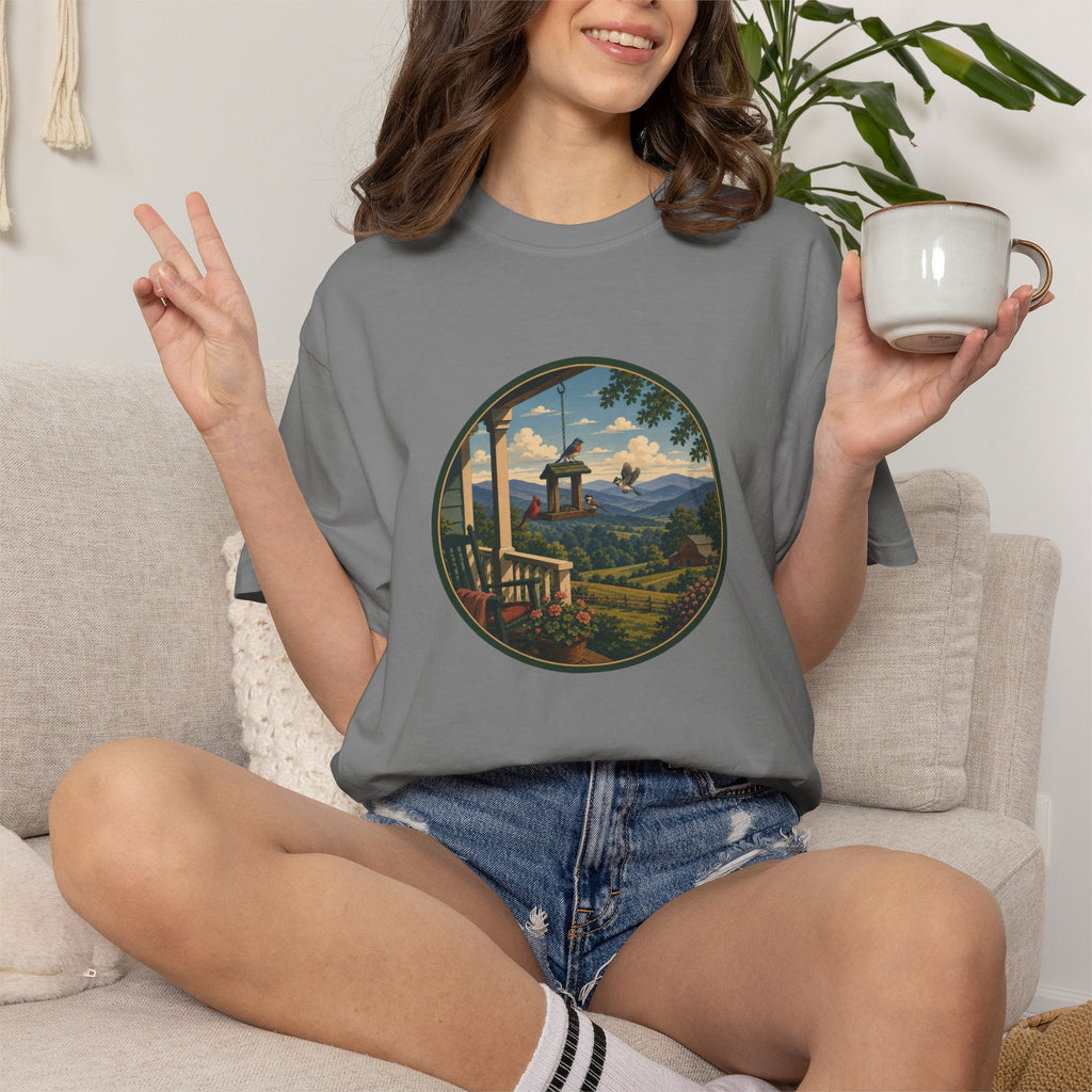Scenic Porchview T-Shirt — Vintage Mountain Landscape Print