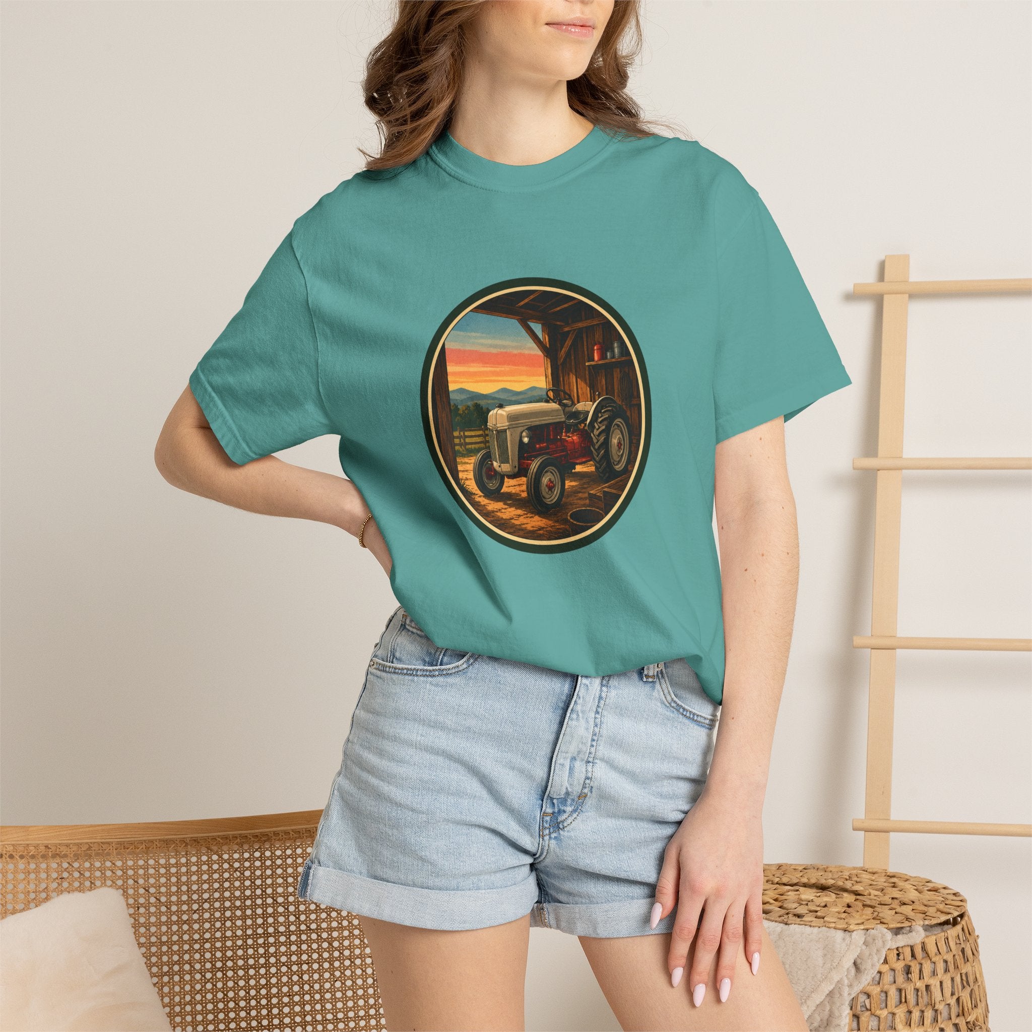 Vintage Tractor Circle T-Shirt — Rustic Farmstead Sunset Tee