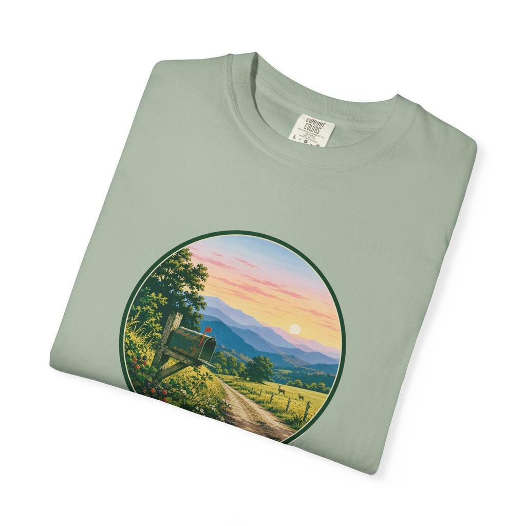 Scenic Backroad Sunset T-Shirt — Vintage Mailbox Circle Landscape Tee