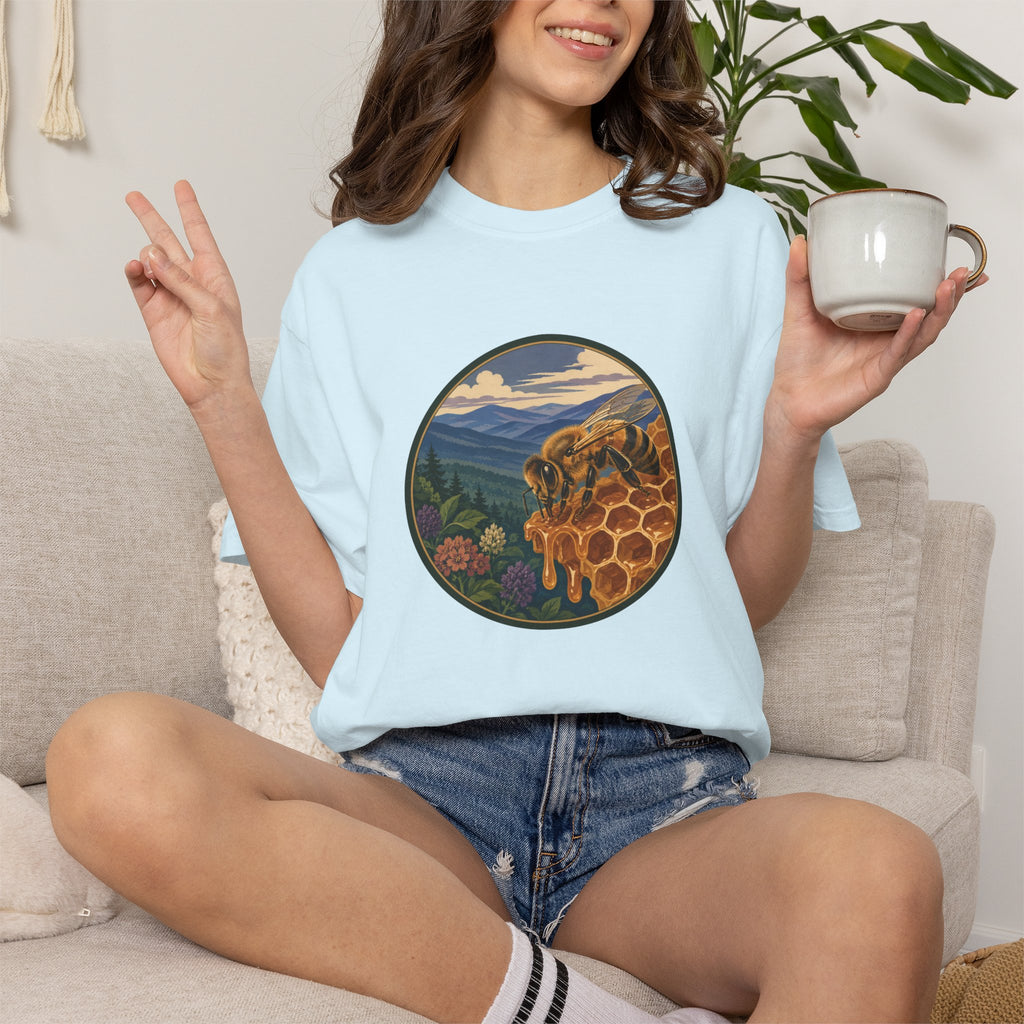 Honey Bee & Mountains Graphic T-Shirt — Honeycomb Nature Illustration