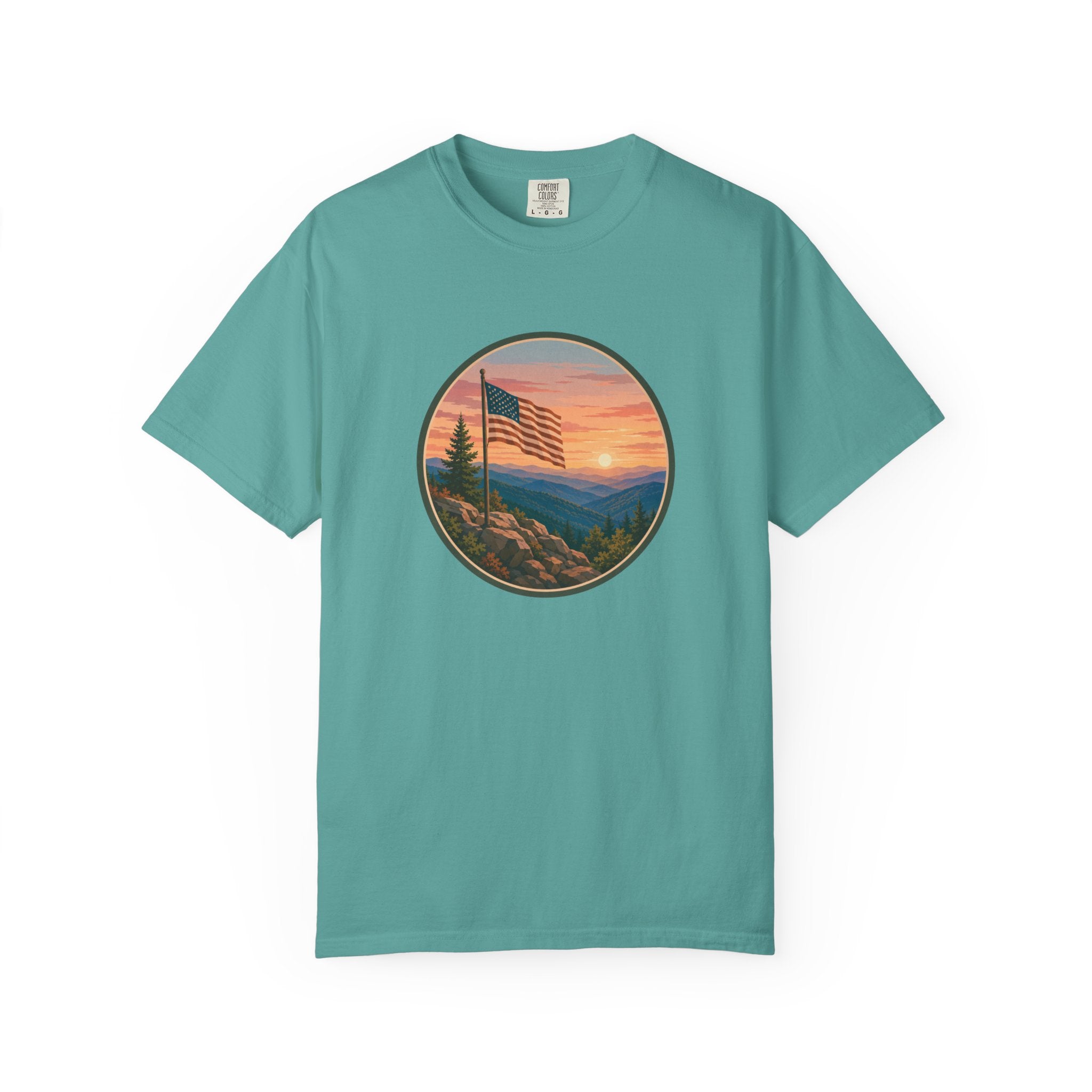 Flag Over Blue Ridge Mountains T-Shirt — Scenic Sunset American Flag Graphic Tee