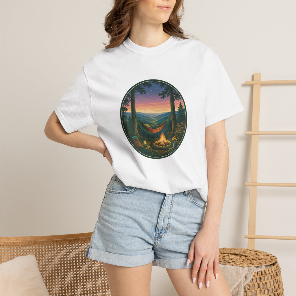 Hammock Camping Sunset T-Shirt — Bonfire Night Outdoor Graphic Tee