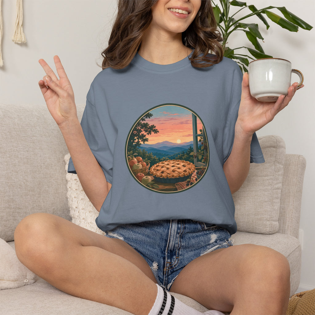 Scenic Pie Window T-Shirt — Sunset Mountain View Graphic Tee