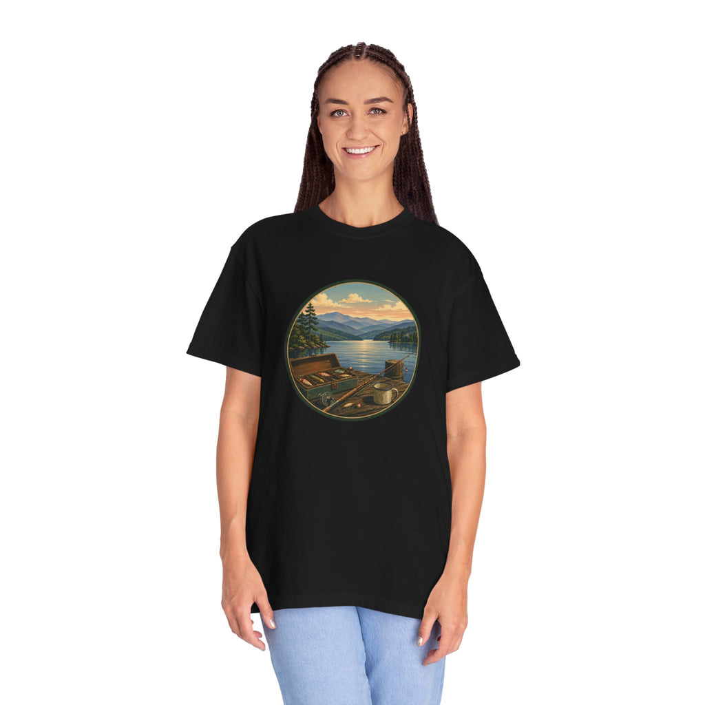 Vintage Fishing Tackle T-Shirt — Mountain View Dock Scene Tee
