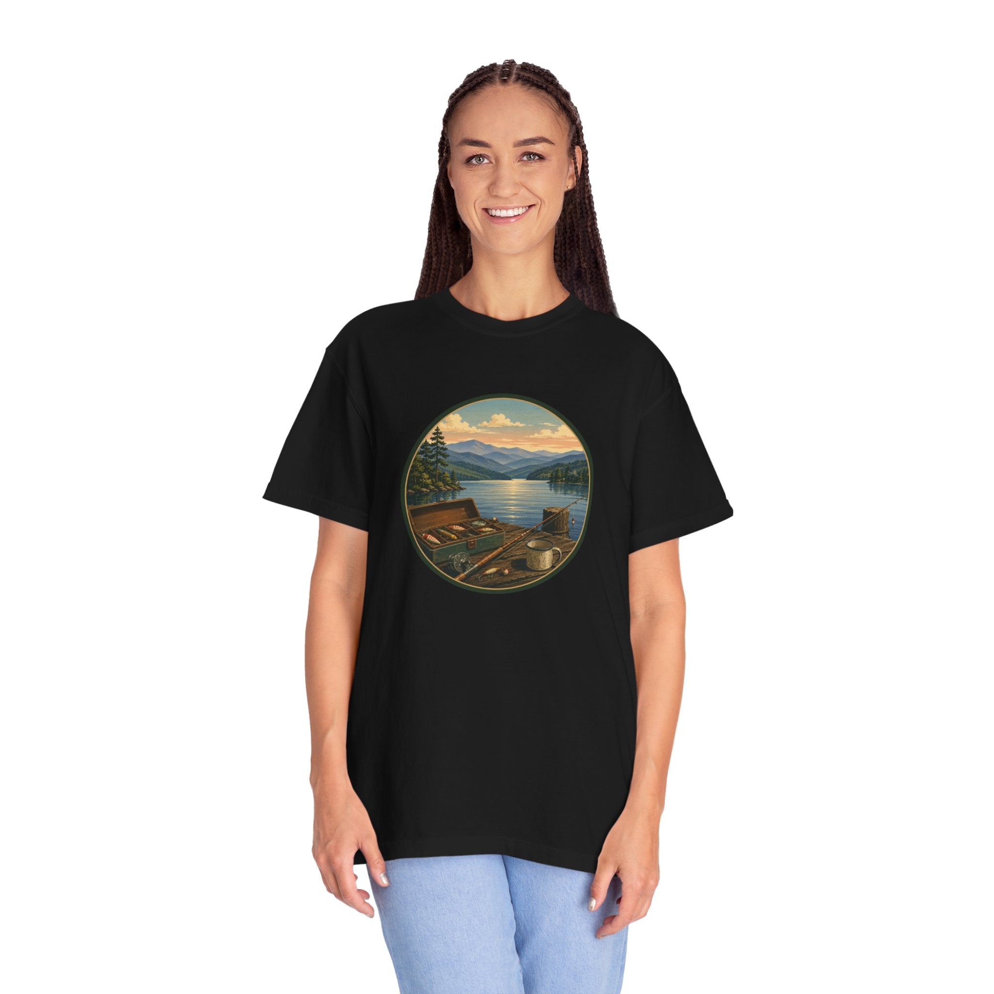 Vintage Fishing Tackle T-Shirt — Mountain View Dock Scene Tee