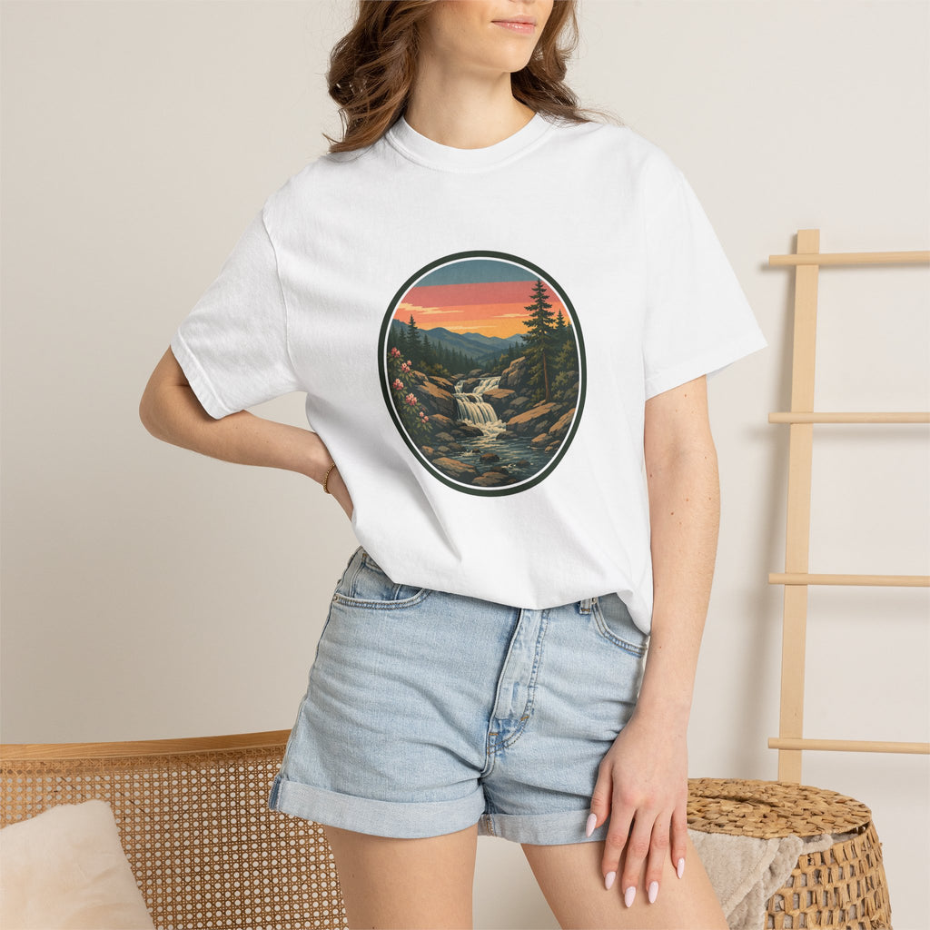 Scenic Waterfall T‑Shirt — Sunset Wilderness Nature Graphic