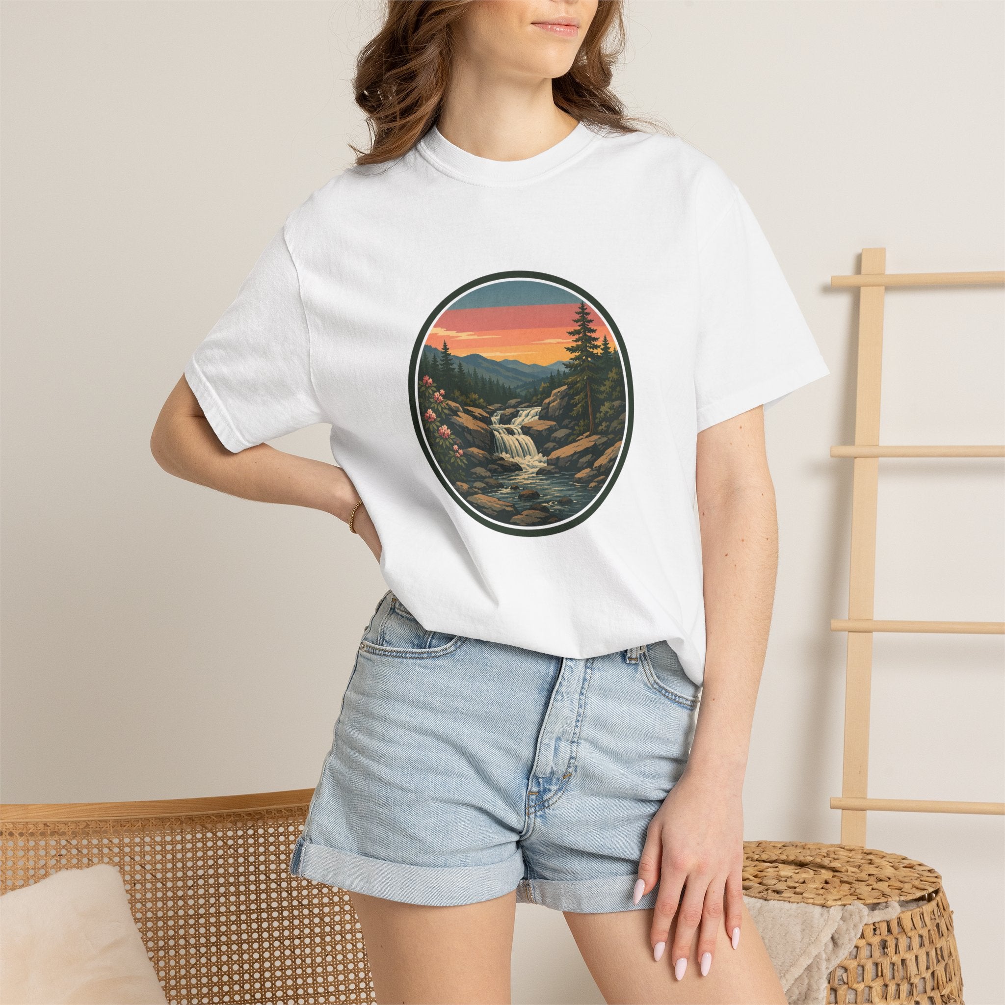 Scenic Waterfall T‑Shirt — Sunset Wilderness Nature Graphic