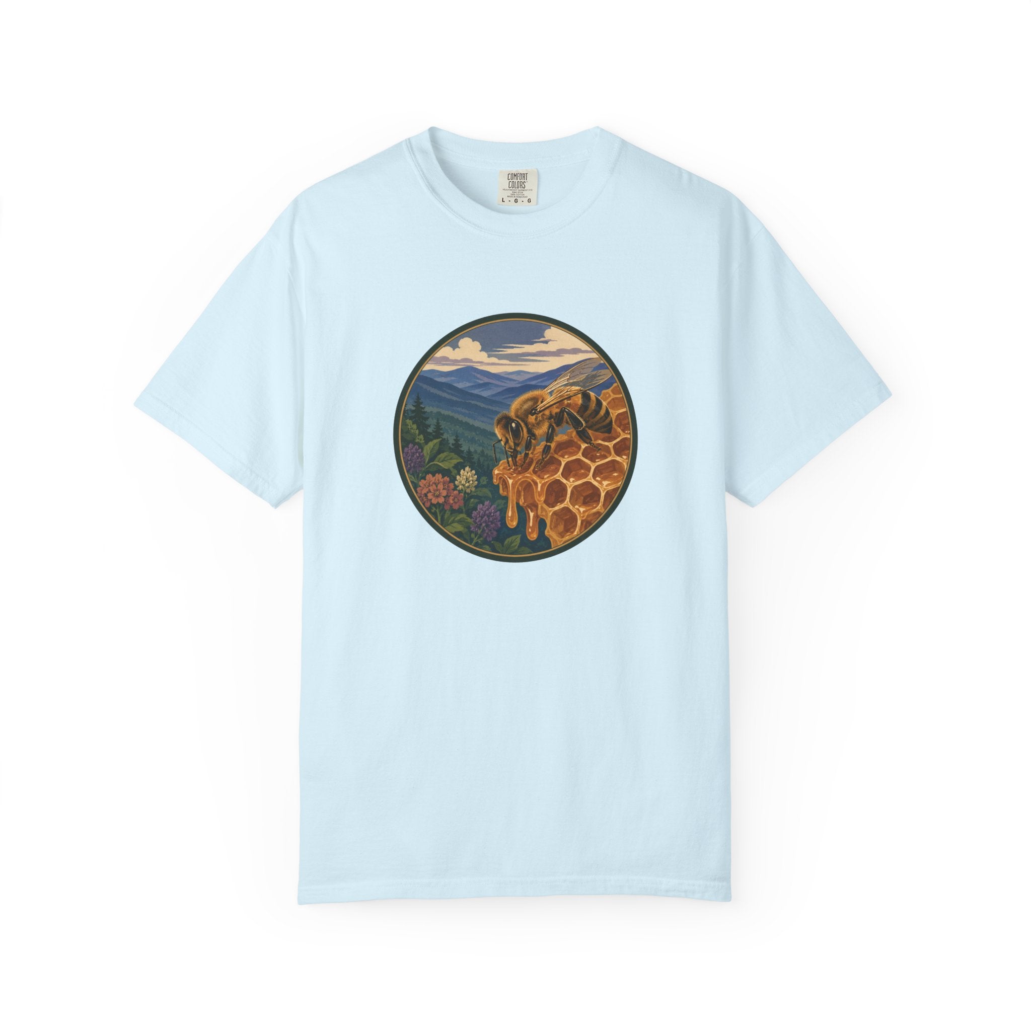 Honey Bee & Mountains Graphic T-Shirt — Honeycomb Nature Illustration