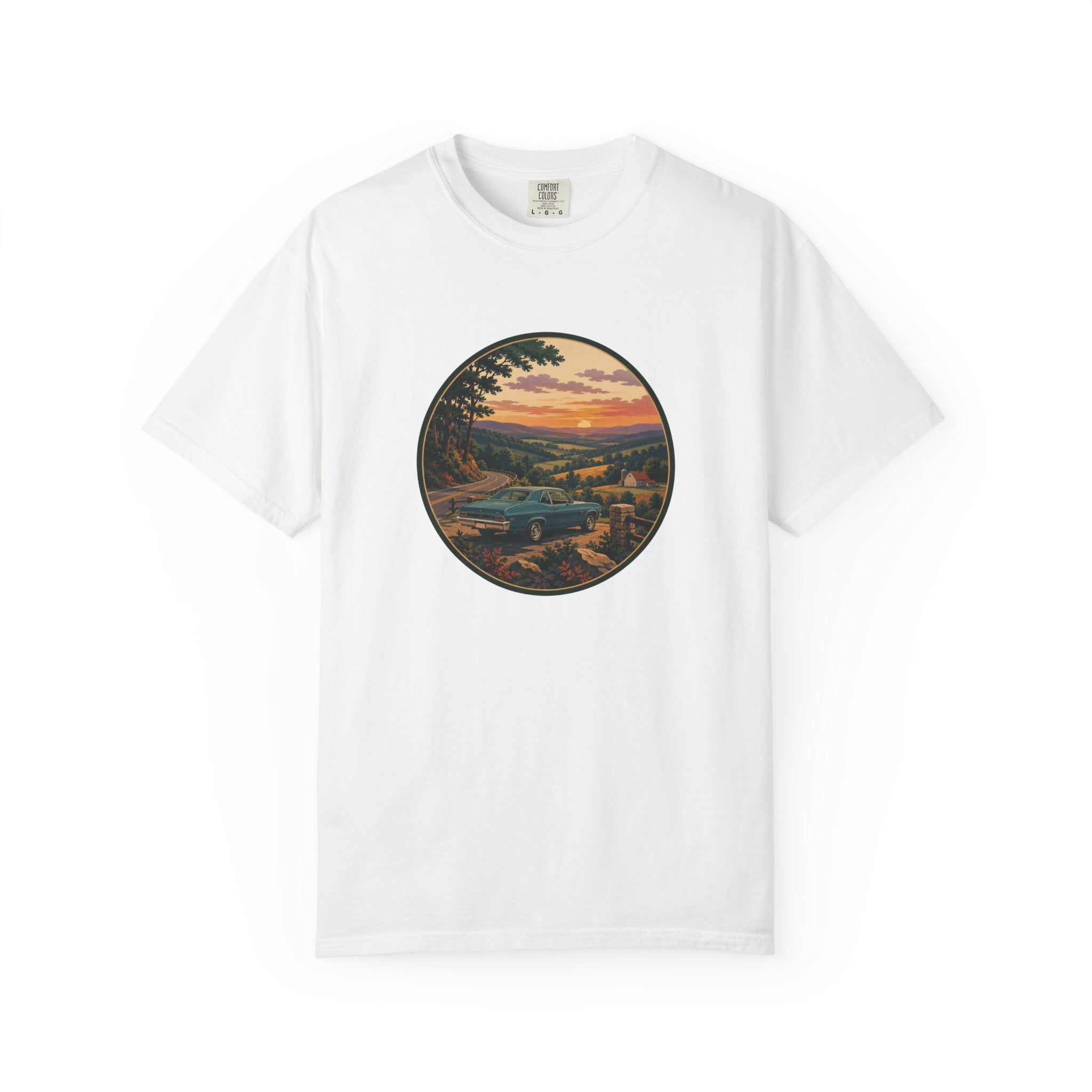 Sunset Valley Classic Car Landscape T-Shirt