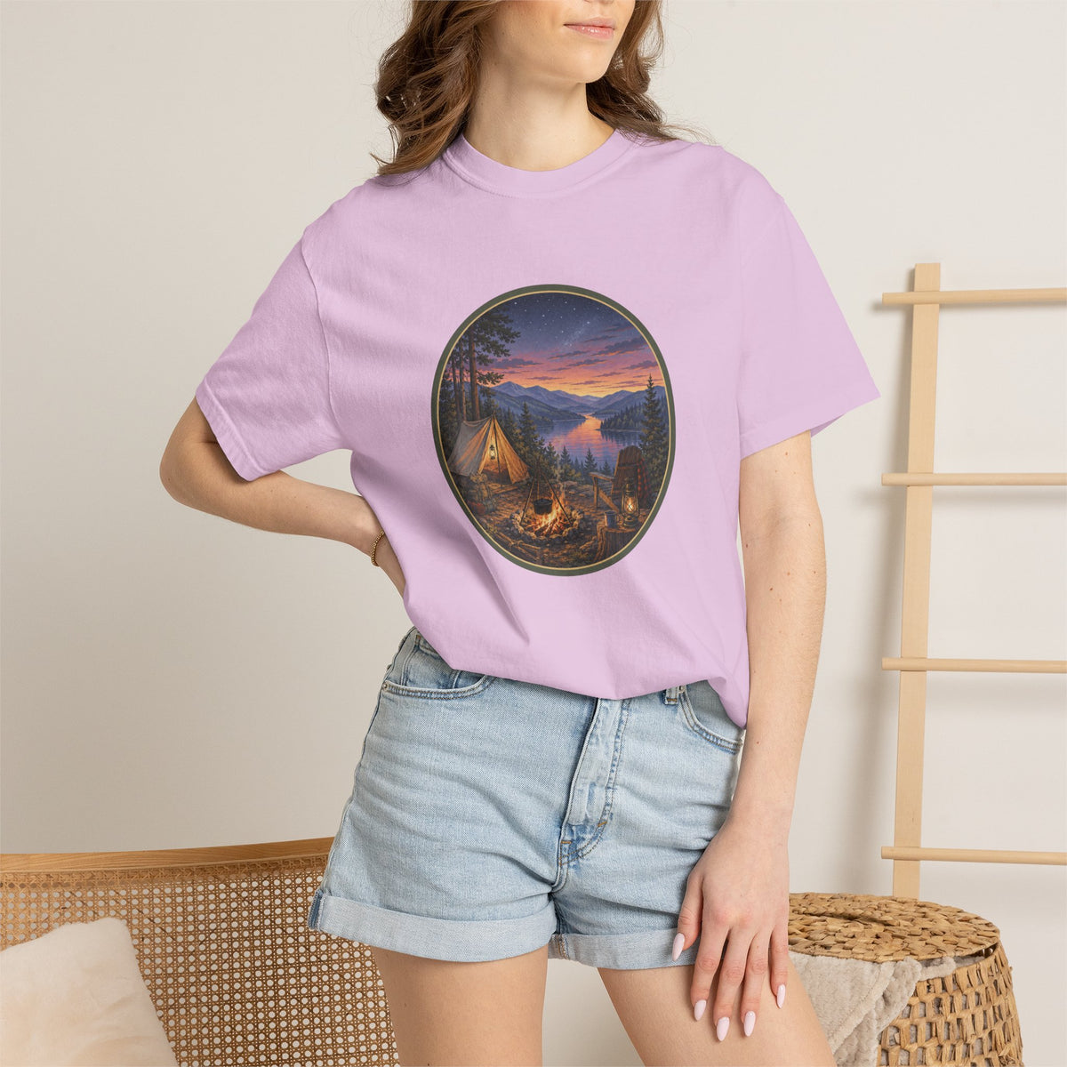 Camping Sunset T-Shirt — Riverside Campfire Night Scene