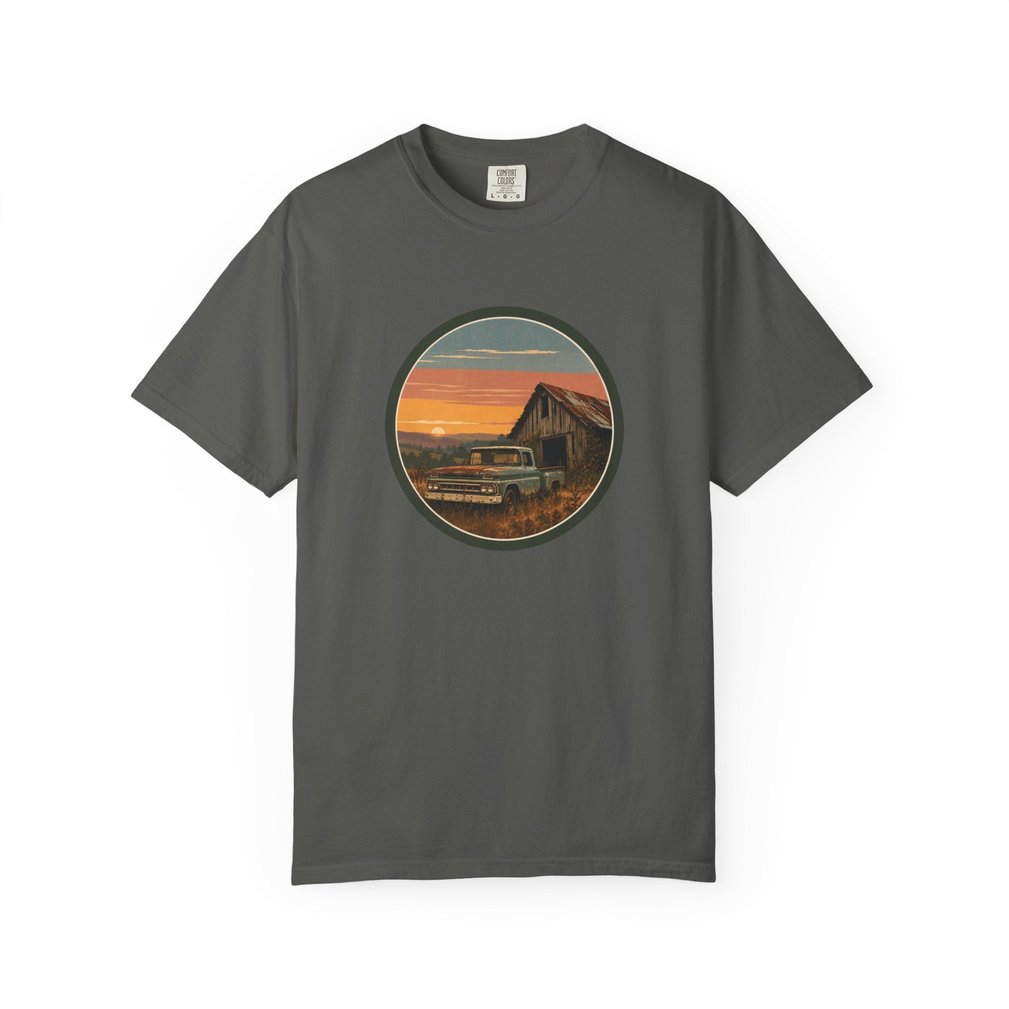 Vintage Sunset Barn T-Shirt — Retro Truck Farm Scene