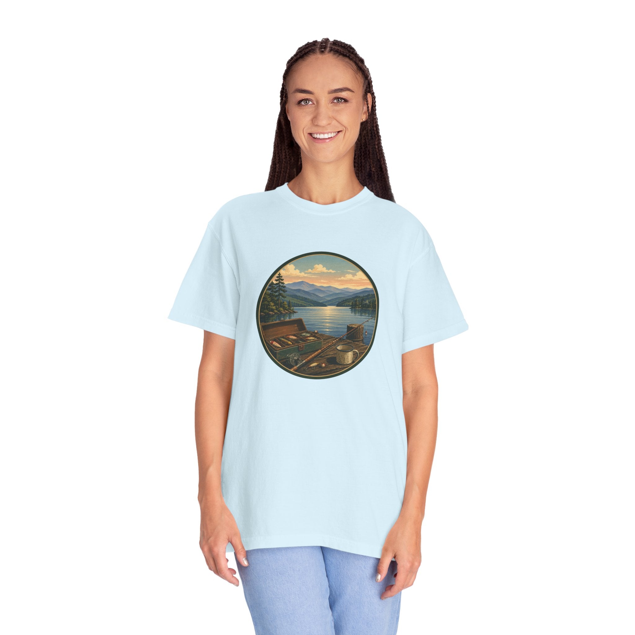 Vintage Fishing Tackle T-Shirt — Mountain View Dock Scene Tee