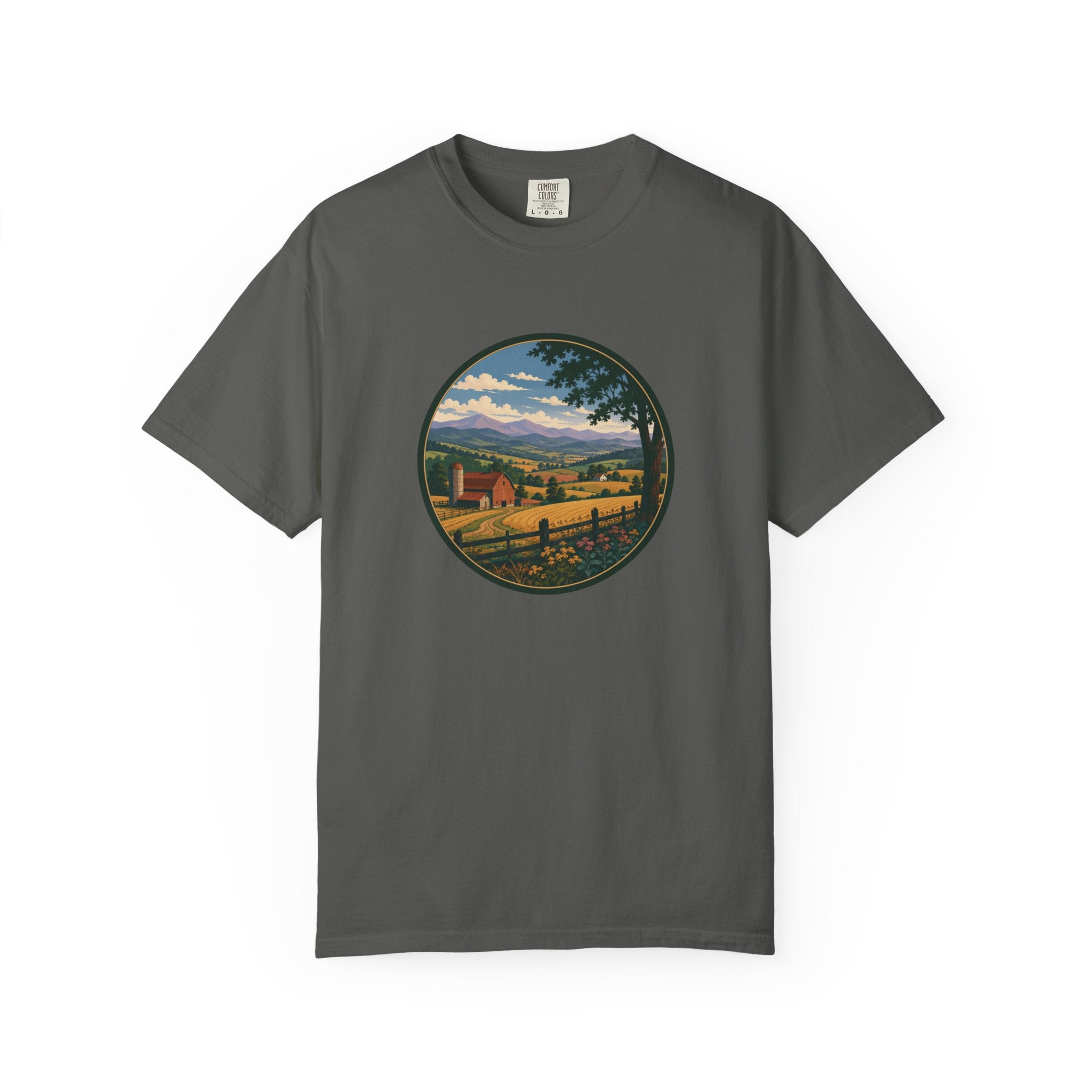 Scenic Countryside T-Shirt — Vintage Farm Landscape Graphic