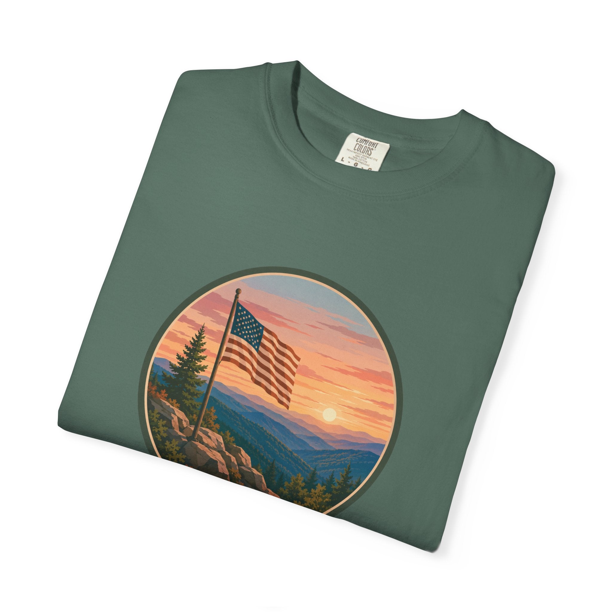 Flag Over Blue Ridge Mountains T-Shirt — Scenic Sunset American Flag Graphic Tee