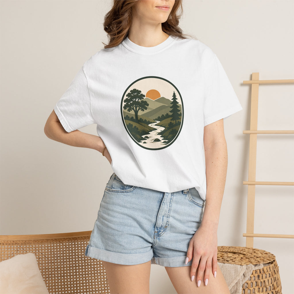 Simple Goodness Badge T-Shirt — Scenic Mountain Sunset River Design